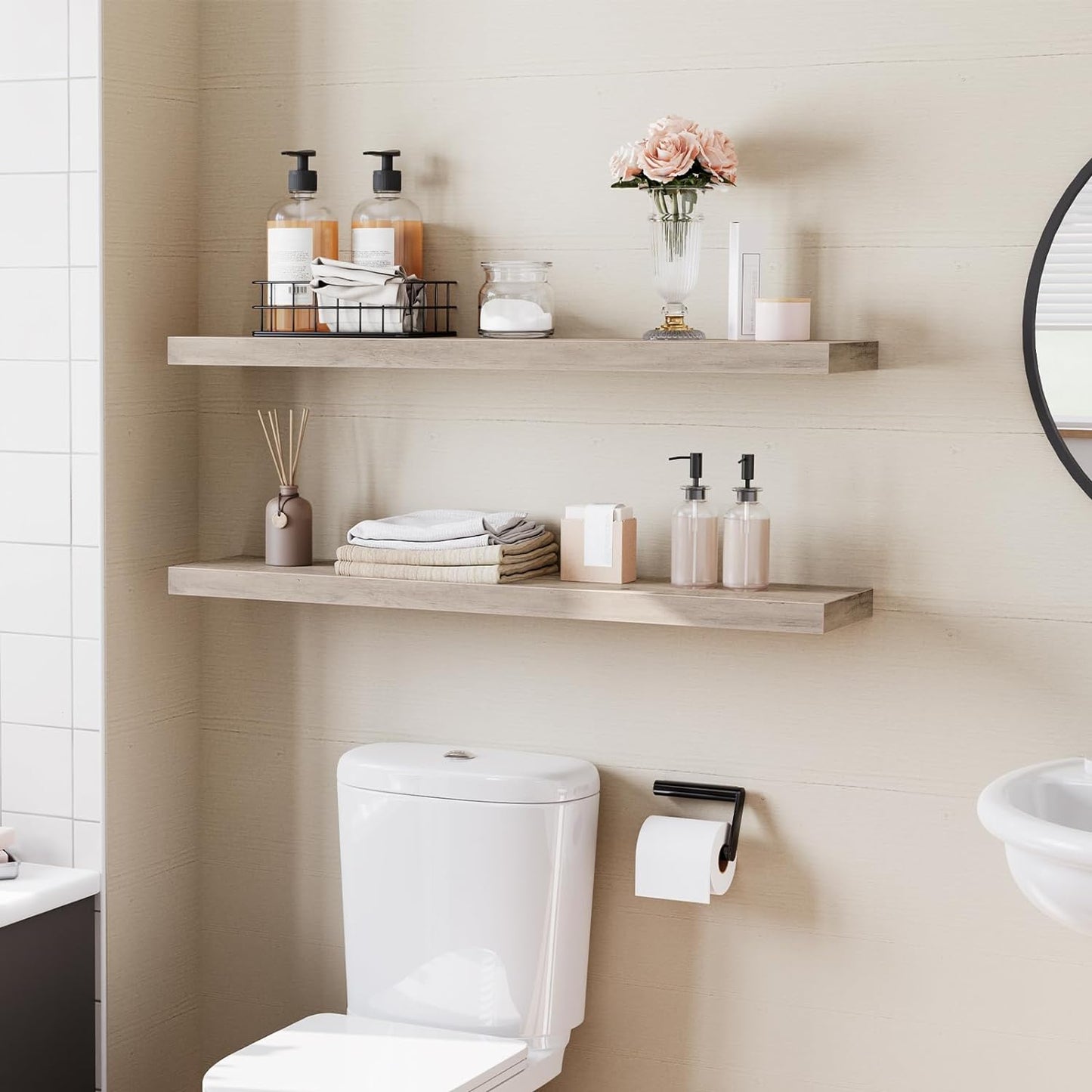 HOOBRO Floating Shelves for Wall, Wall Mounted Shelf Set of 2, 39.4" Hanging Shelf with Invisible Brackets, for Wall in Bathroom, Bedroom, Toilet, Kitchen, Livingroom, Office, Greige BG100BJP201