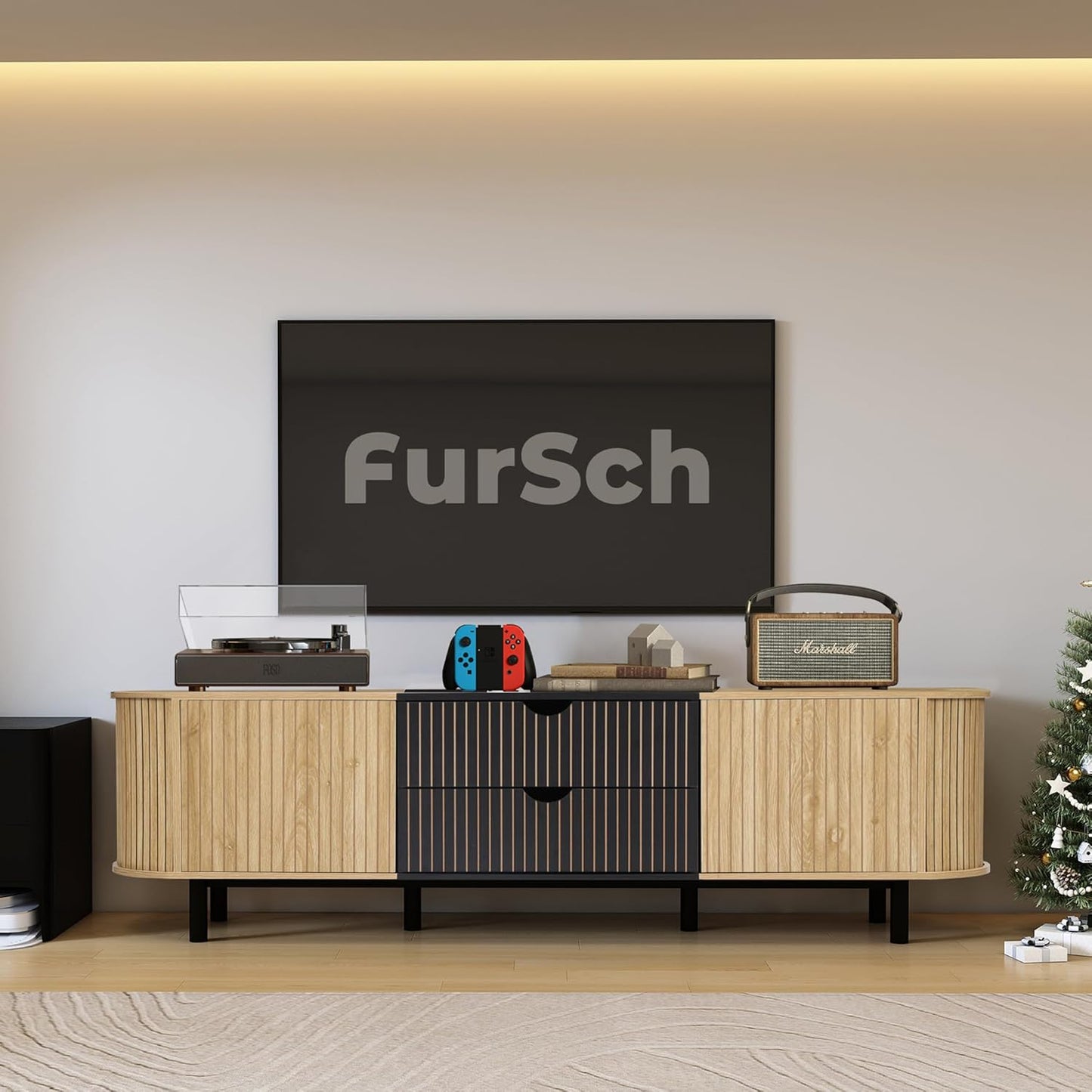 71" Tambour Door TV Stand,Wood Mid Century Modern TV Cabinet for Up to 85“ TV,Curved Edge Long TV Stand with Storage for Bedroom Living Room(Natural, 71inch)