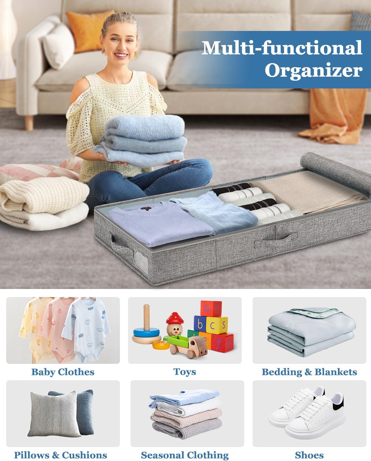 Cirhy Under Bed Storage Containers, 4.5 Inch Tall Low Profile Under Bed Storage with Sturdy Sidewalls & Bottom, UnderBed Storage for Clothes,Shoes, Pillow, Blankets Organizer, 2 Pack Grey