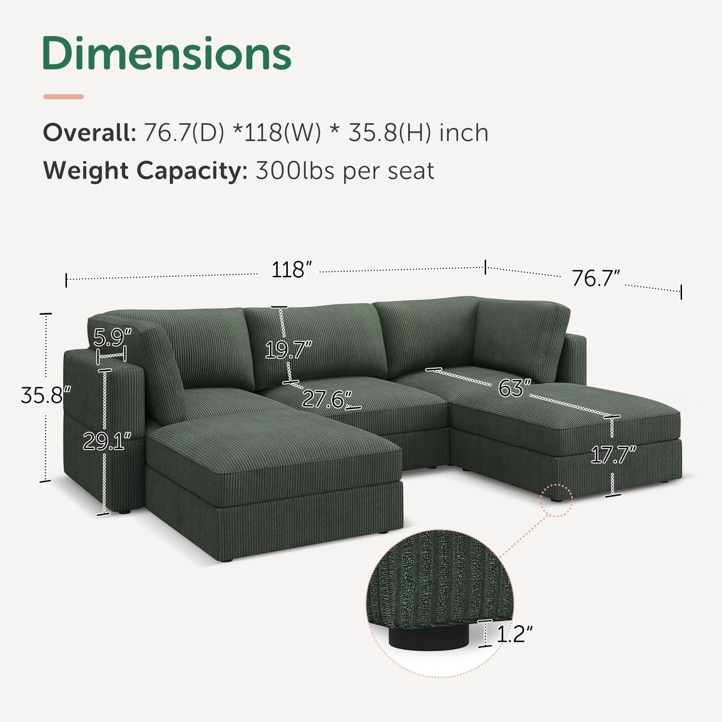 HONBAY Modular Sectional Sofa with Storage Corduroy U Shaped Sofa Modular Sectional Couches for Living Room,Green