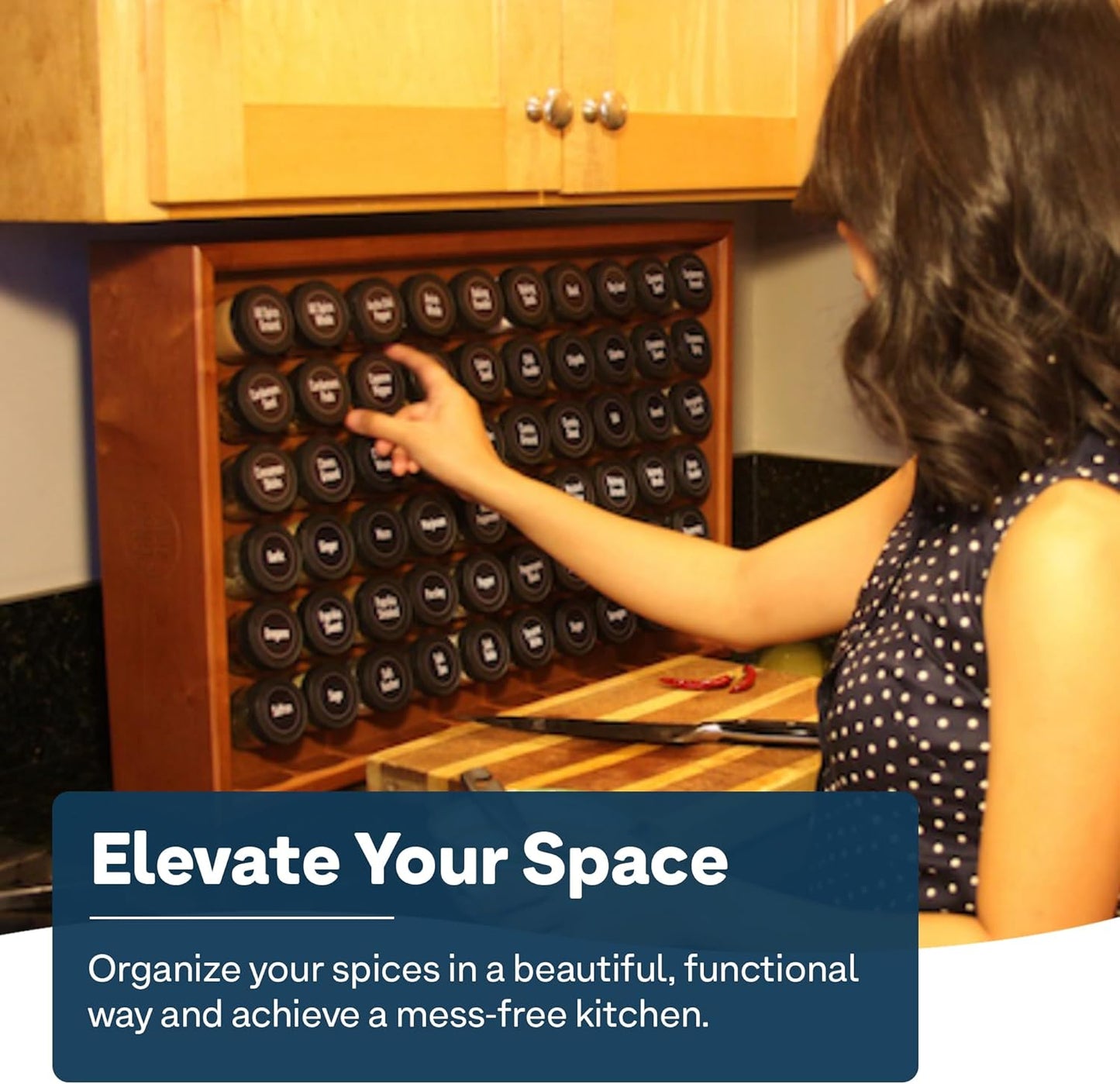 AllSpice Spice Rack Organizer, Wood, 525 Unique Labels, Countertop or Wall Mount, Includes 60 4oz Jars- Cherry Stain