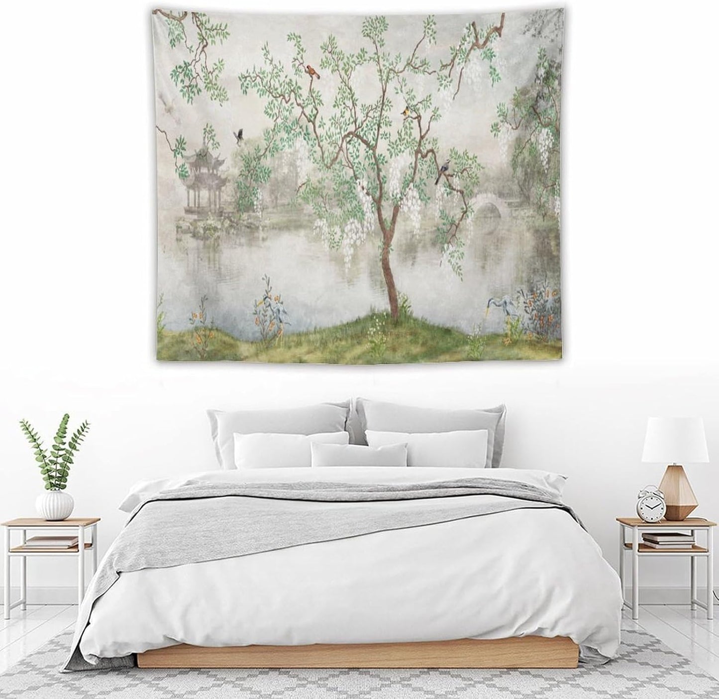 HZOHNAGO Japanese Tapestry Tree Misty Garden Lake Printed Wall Tapestry Ink Painting Wall Hanging for Bedroom Living Room Dorm 60" W x 50" H
