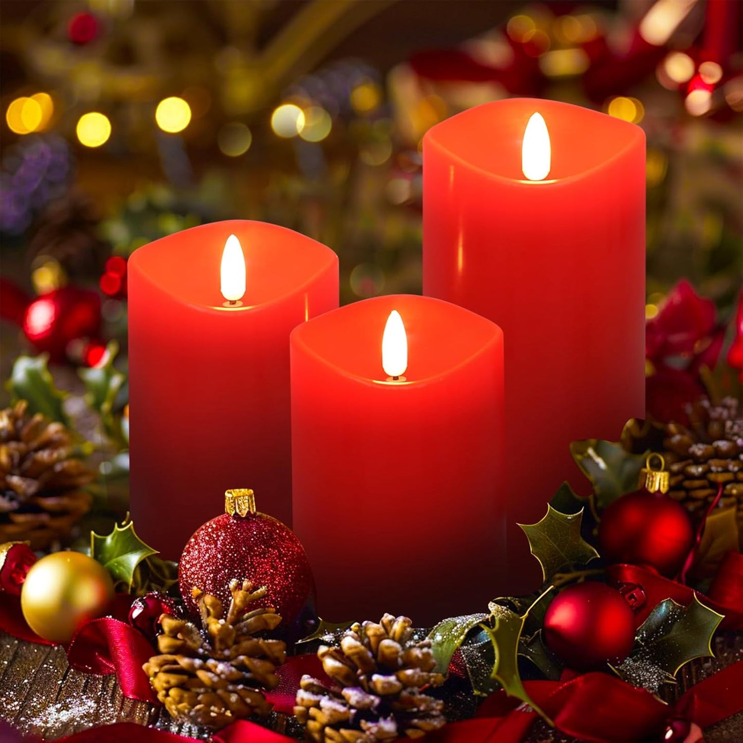 Red Flameless Candles with Remote, Flickering Battery Operated Candles with Timer, Real Wax LED Pillar Fake Candles for Christmas Party Home Decor, Set of 3