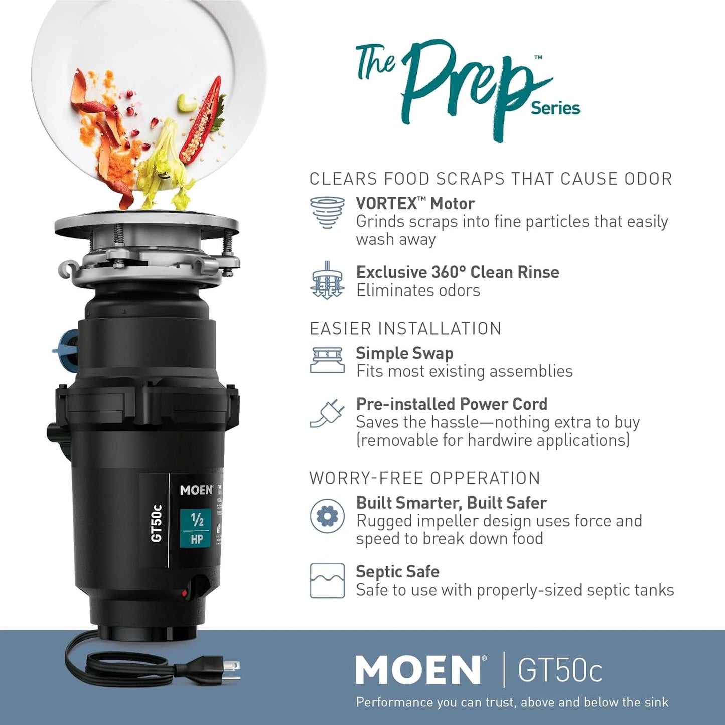 Moen Prep Series Disposer 1/2 Horsepower Continuous Feed Garbage Disposal featuring Fast Track Technology, Power Cord Included, GT50C