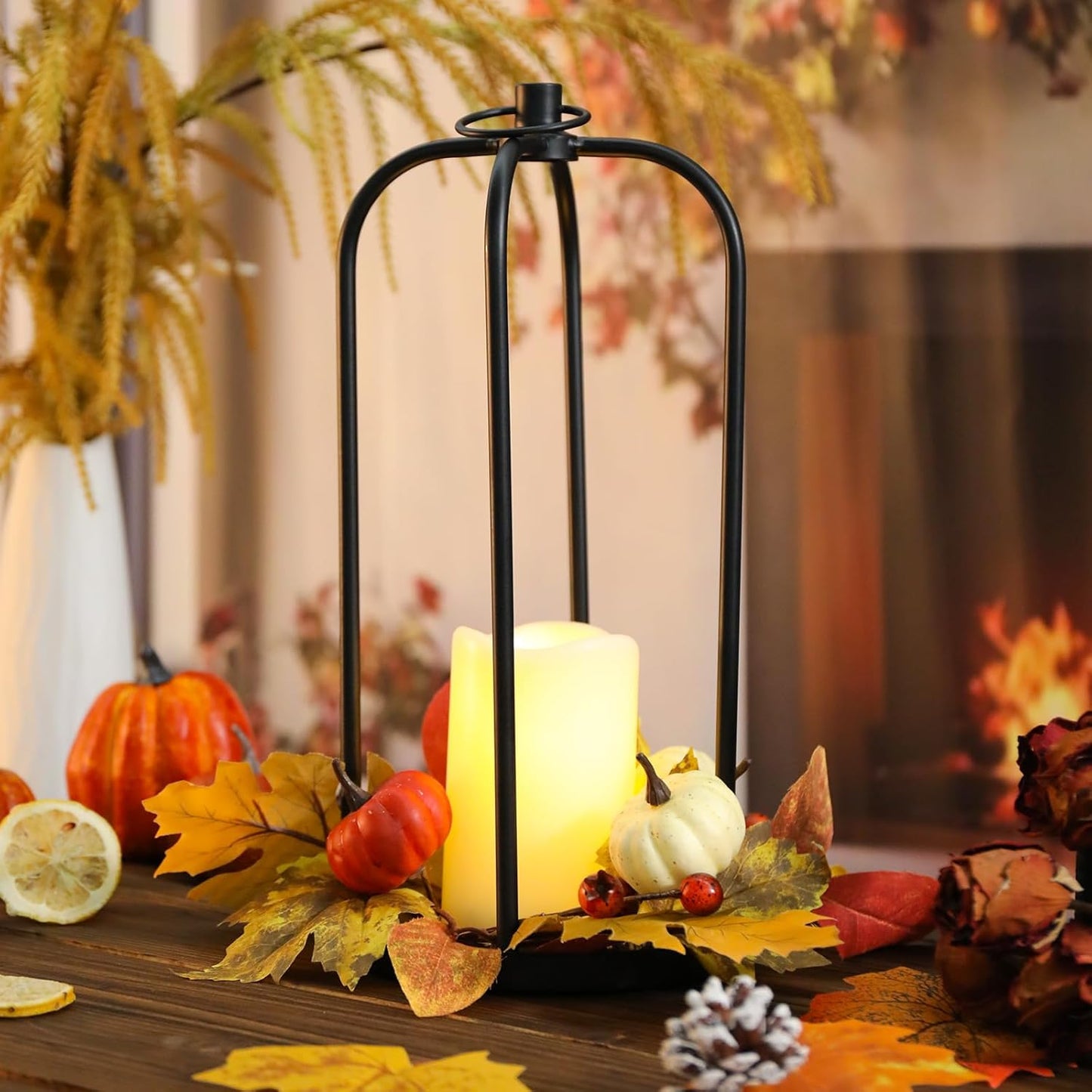 Fall Decor Lanterns Outdoor, 14" Waterproof Decorative Lantern Indoor Decor Metal Hanging Candle Holder LED Flameless Candle Lantern for Patio, Porch, 2 Packs