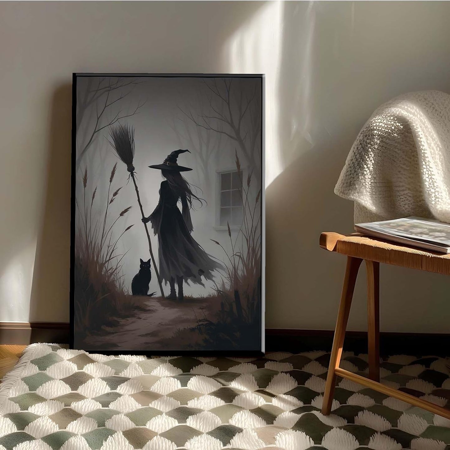 JFHCQJPK Vintage forest witch and black cat poster Halloween mural poster decoration mural art magic suitable for home living room bedroom8x12in Metal blackFramed
