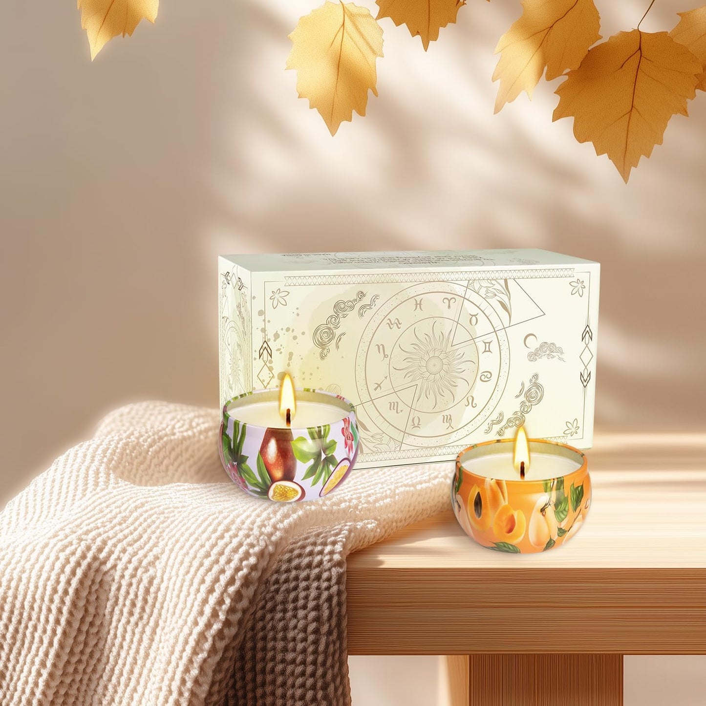 Set of 2 | 2.5-Ounce Scented Jar Candles - Fruit Style - Perfect for Home, Spa, Yoga Studio - Vibrant Colorful Iron Can Jars Candles(Passion Fruit & Apricot Fragrance)