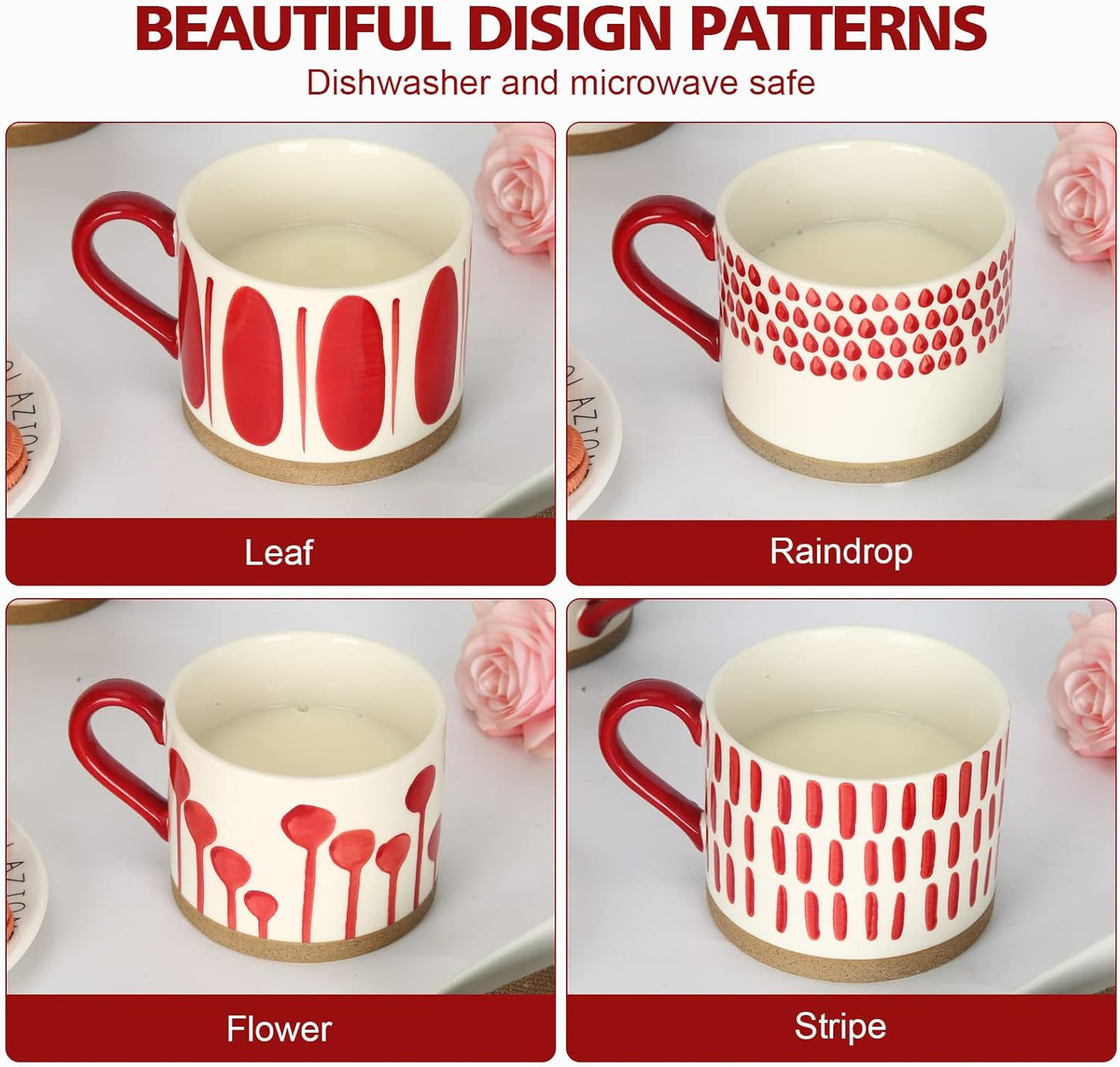 Koja Hand Painted 15 oz. Porcelain Ceramic Mugs Set. Service for 4. (Hand Painted - Red)