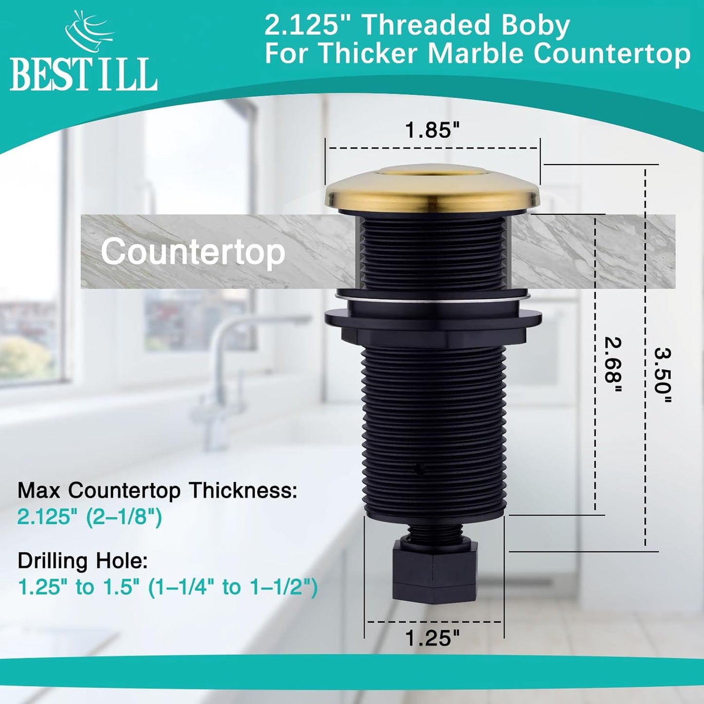 BESTILL Garbage Disposal Button, UL Listed, Cordless Sink Top Air Switch Kit for Waste Disposal, 3.6" Long Push Button with Brass Cover, Brushed Titanium Gold/Brushed Brass