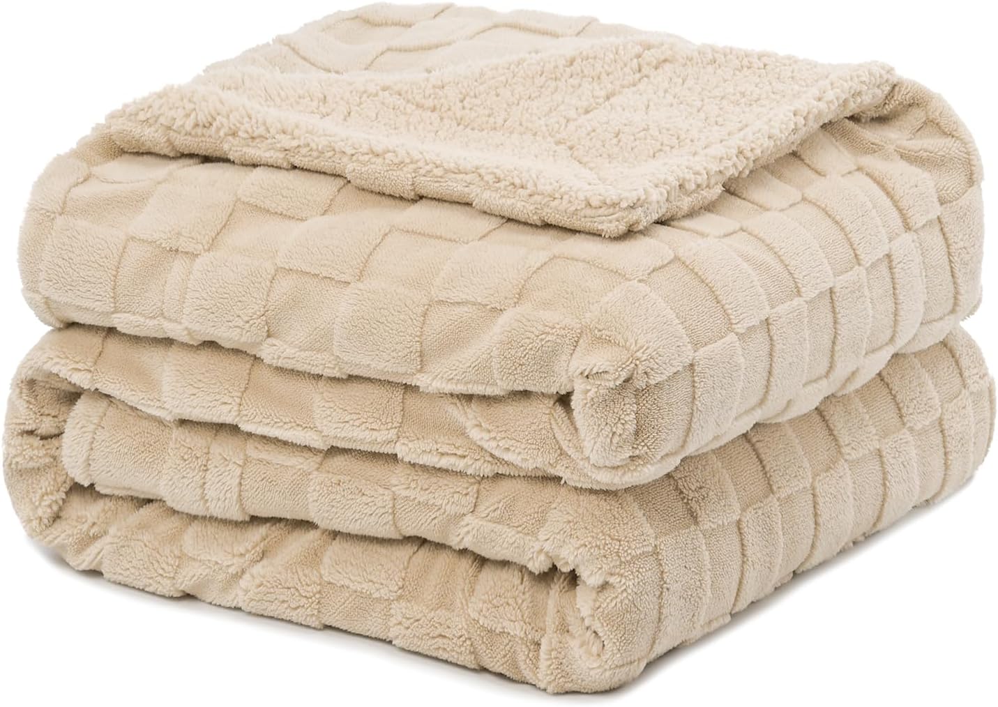 Pawque Super Soft Cozy Throw Blanket for Couch Sofa Bed - Fluffy Sherpa Fleece Reversible Thick Warm Fuzzy Blanket for All-Season, 3D Checkered Jacquard Elegant Decorative Blankets, Khaki, 50" x 60"