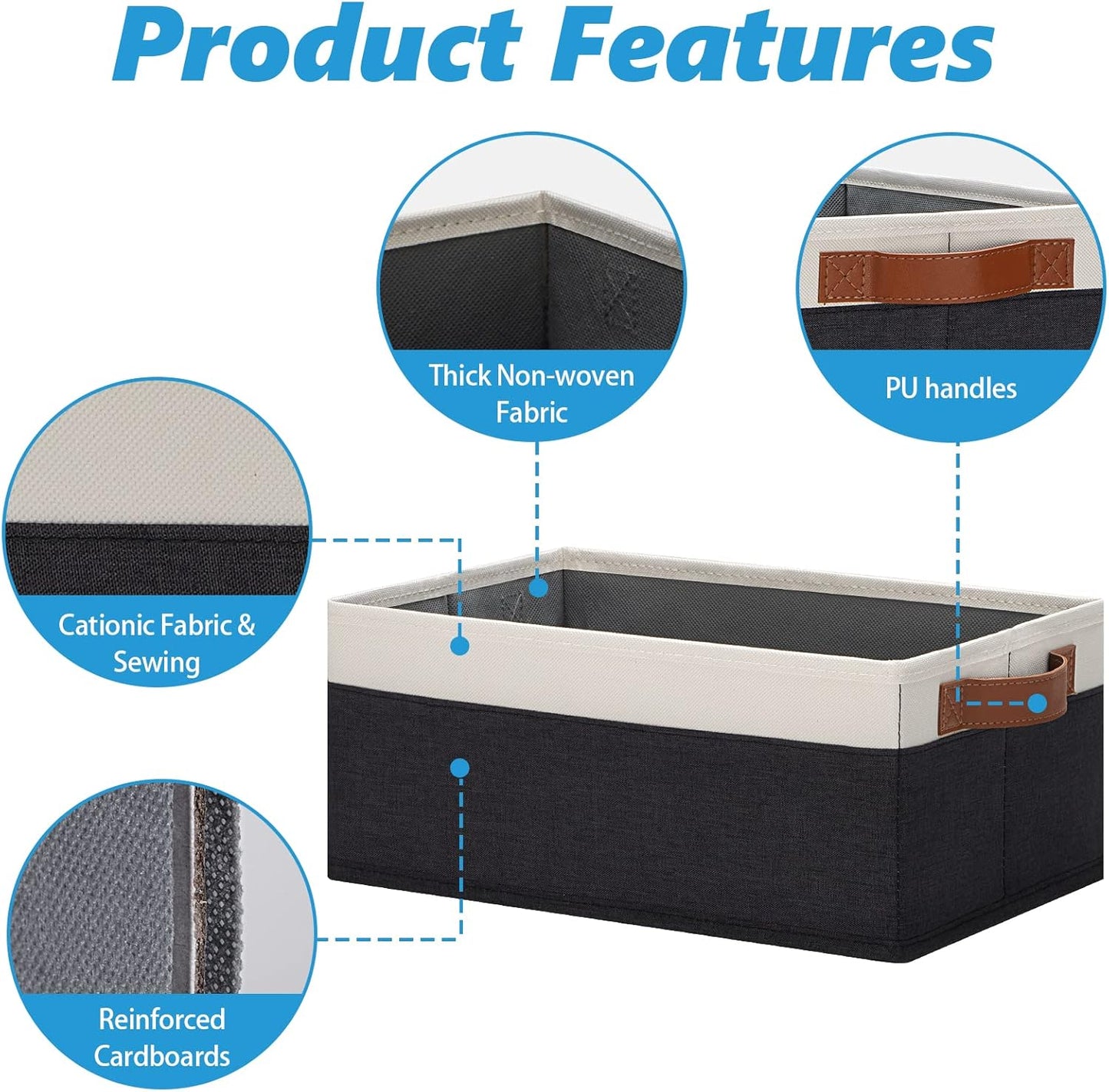 GhvyenntteS Storage Baskets for Shelves 12 Pack, Fabric Storage Bins with Leather Handles, Foldable Rectangular Storage Baskets for Organizing Home, Office (Black/White, 11.8" x 7.87" x 5.11")