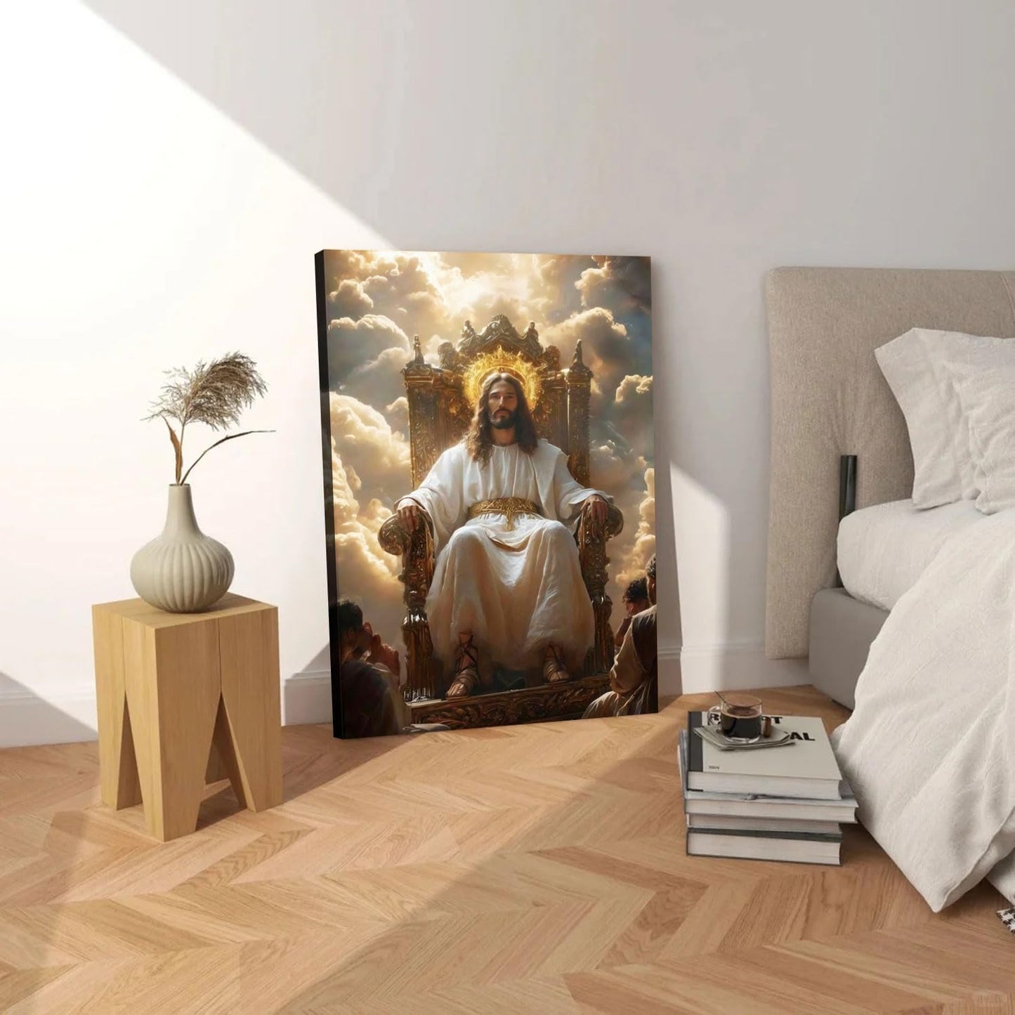 Framed Canvas Wall Art Painting Jesus Sitting on the Throne Religious Poster Faith Revelation Gallery Picture Print for Living Room Bedroom Church Decor 12x16 Inch Ready to Hang