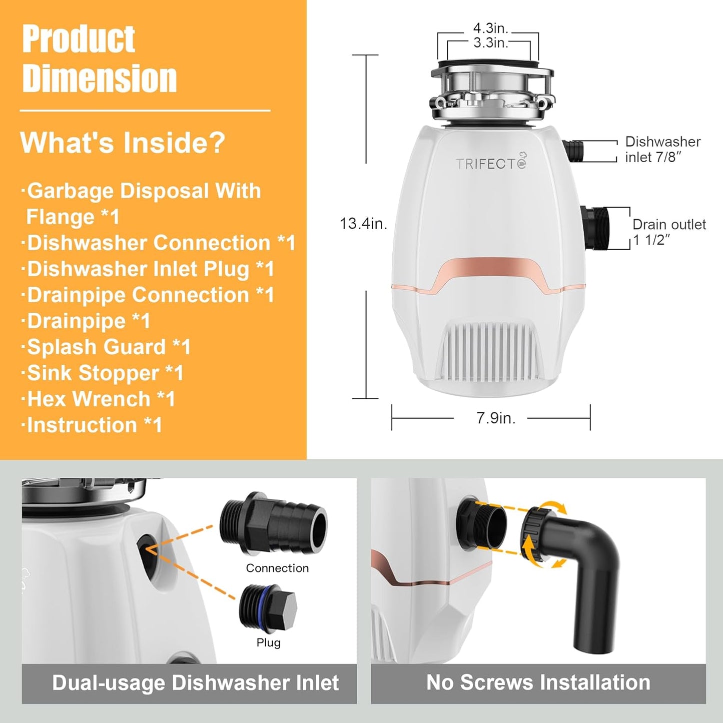 Trifecte Pro 3/4 HP Garbage Disposals with Sound Reduction,Food Waste Coutinuous Feed Garbage Disposal with Power Cord, Dishwasher Hook Up,3800RPM,White