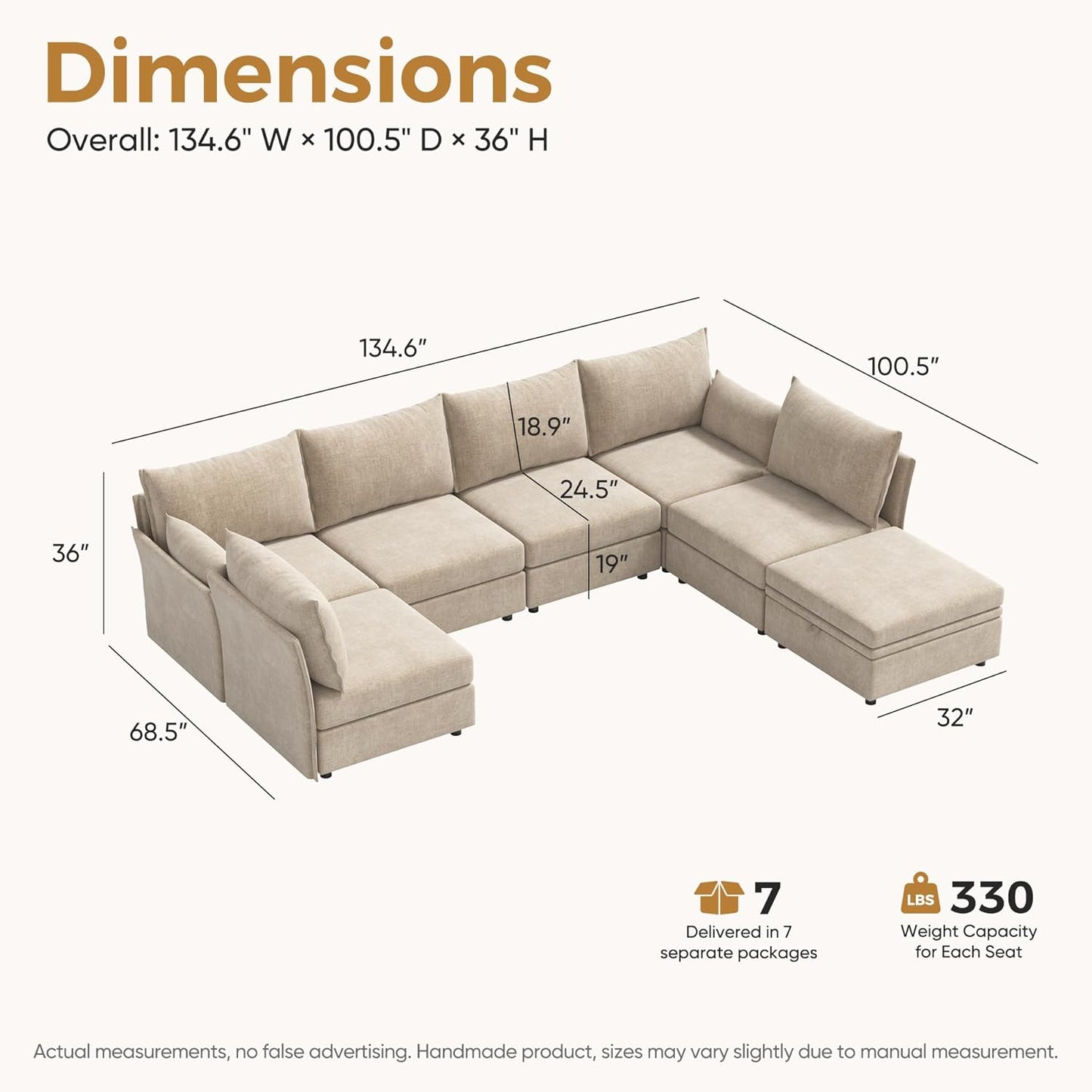 134.6" Oversized Modular Sectional Sofa, Large 7 Seater U Shaped Couch with Storage Ottoman with Reversible Chaise Deep Seat for Living Room, Apartment - Chenille Beige