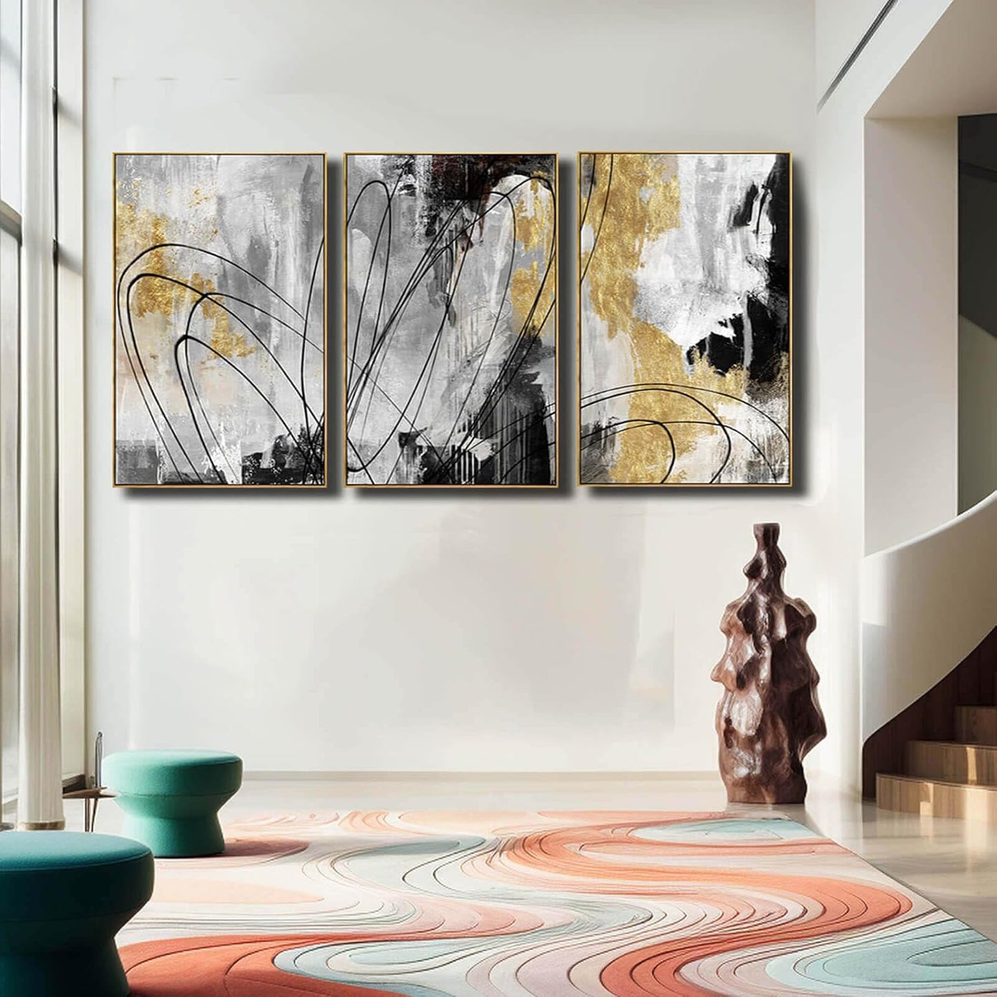 YJYart Gold Wall Art Abstract Wall Art Living Room Decor Black and White Canvas Picture Home Decor Wooden Frame Line Paintings Modern Artwork Office Decor 24"x 36"x 3 Pieces