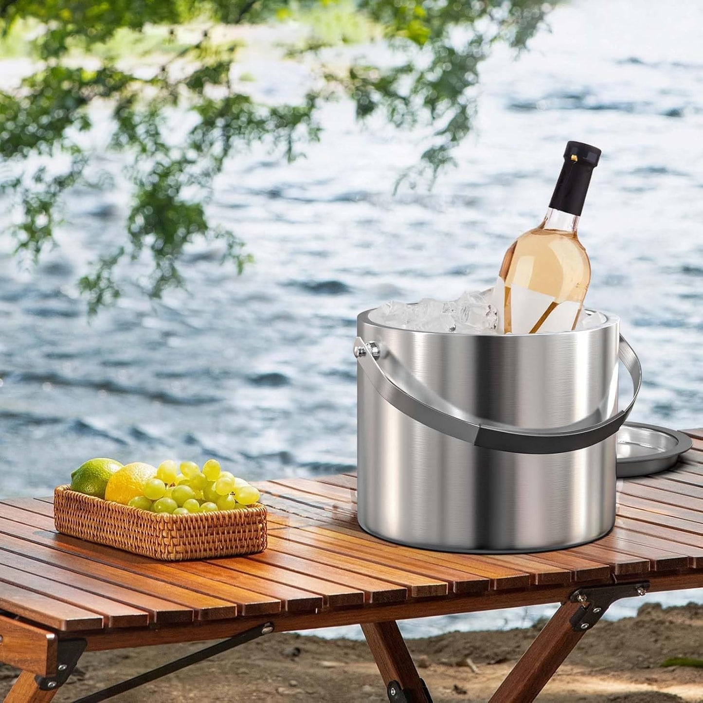 3.2 Liter Ice Bucket with Silicone Lid, Strainer, Tongs, Double Wall Insulated Stainless Steel Ice Bucket Wine Bucket for Cocktail Bar and Parties