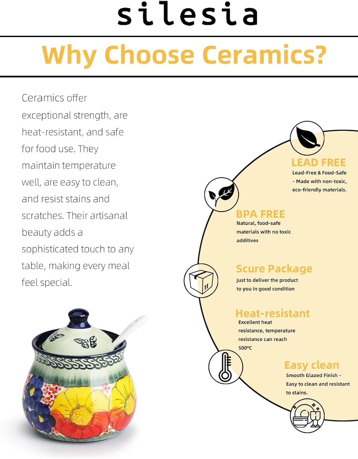 silesia Handmade Sugar Bowl with Lid and Spoon, 9 Ounce Ceramic Hand-Painted Sugar Jar for Home in Gift Box, Kitchen Decor, Oven, Dishwasher & Microwave Safe, Glazed Green