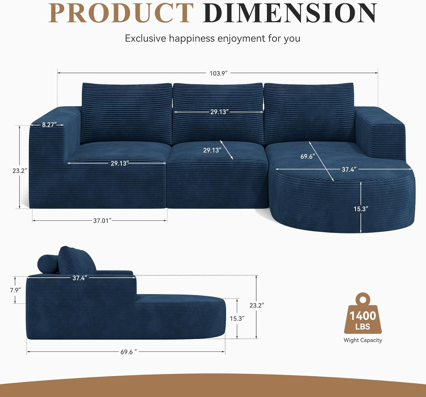 Modular Sectional Sofa with L-Shape Chaise,Cloud Sectional Modern Sleeper Couch with Deep Seat,Sponge Compression Sofas No Assembly Required(Blue-Corduroy Fabric) 1PCS