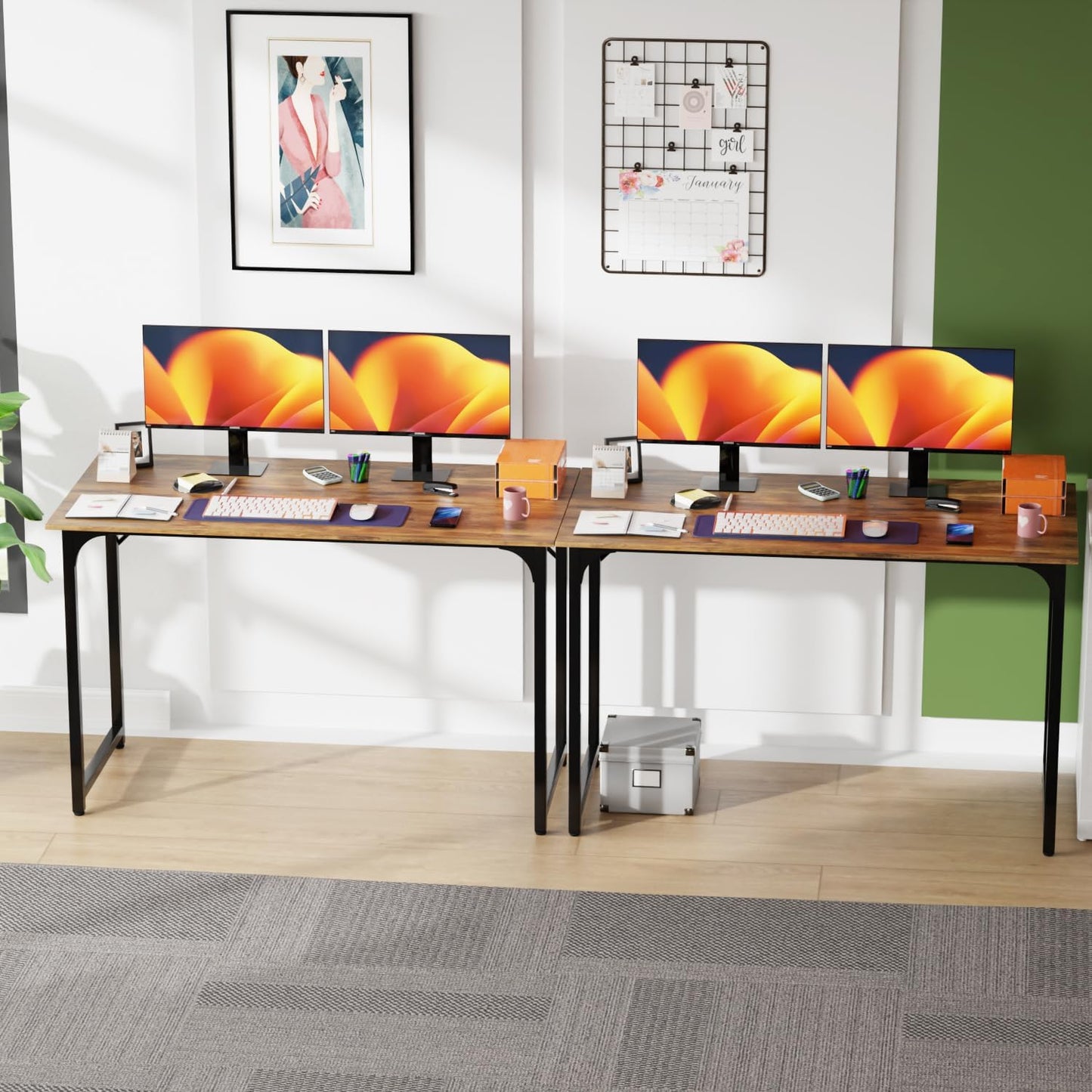 PayLessHere | 47 Inch Computer Desk | Brown | Office Desk with Metal Frame, Adjustable Feet | Water-Resistant, Scratchproof Surface | Sturdy Writing Table for Home Office or Study | Pack of 2