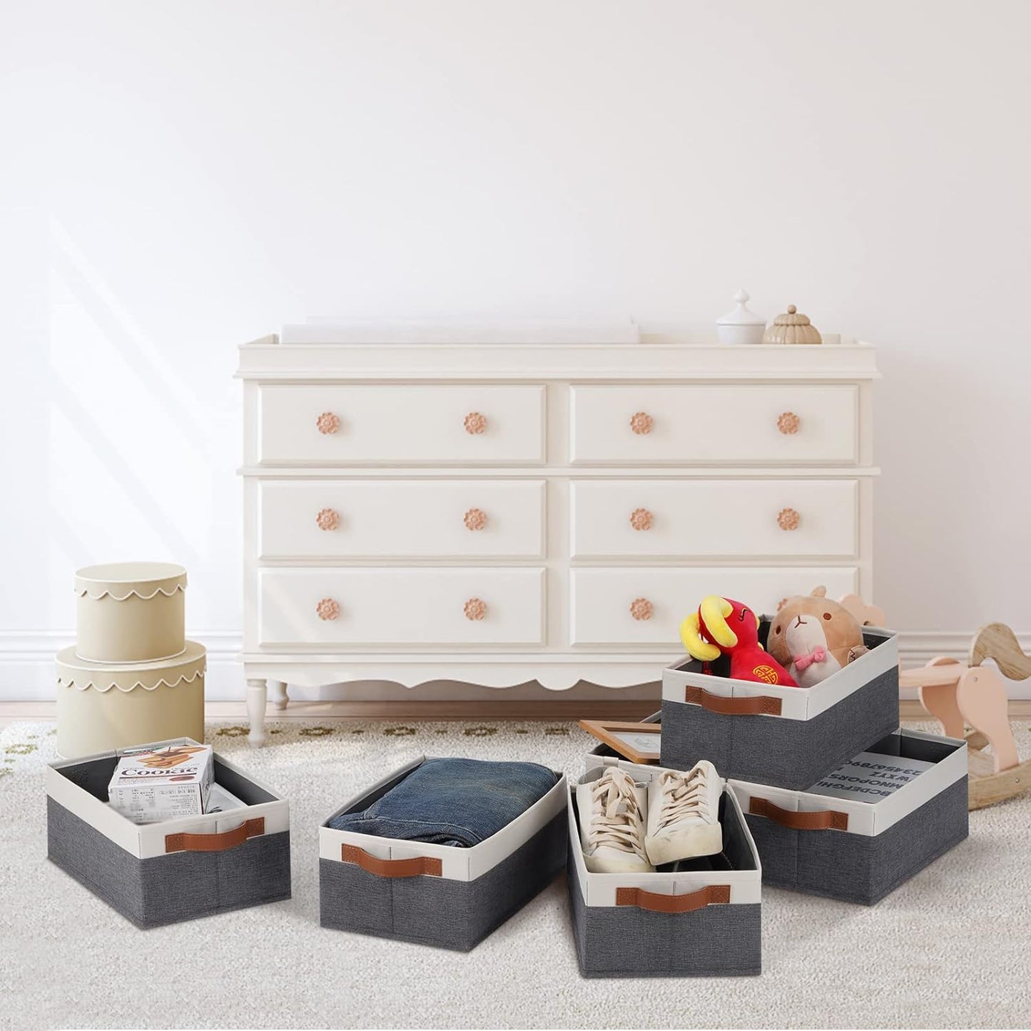 GhvyenntteS Small Fabric Storage Bins with Handles 6 Pack, 11.8" x 7.87" x 5.11" Storage Baskets for Shelves, Baskets for Organizing Clothes Underwear Socks Hats DVDs (Grey/White)