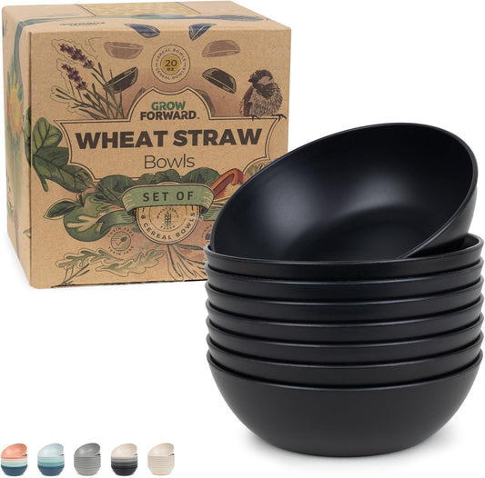 Grow Forward Premium Wheat Straw Bowls - 20oz Microwave Safe Plastic Cereal Bowls Set of 8 for Kitchen, Camping, RV, Dessert, Snack, Soup, Salad, Fruit - Reusable, Unbreakable & BPA Free - Midnight
