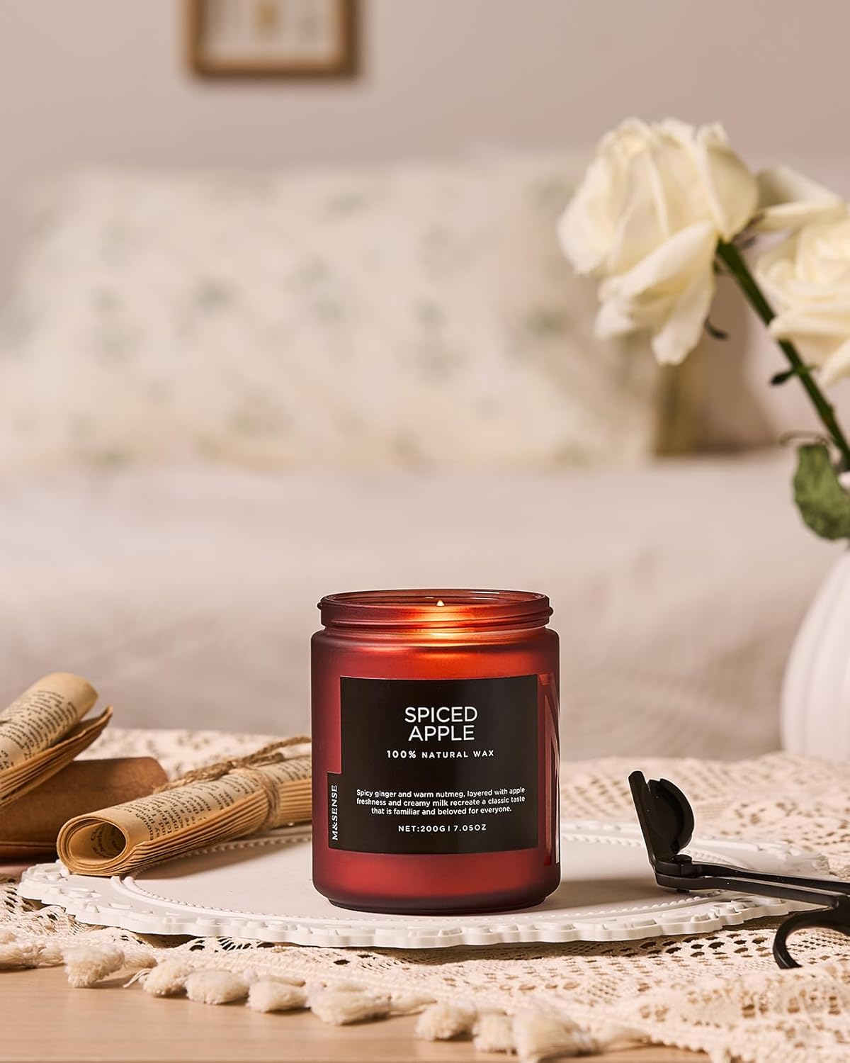 M&SENSE Spiced Apple Cotton Wick Fall Scented Natural Soy Wax Candle for Autumn Decor, Strong Fall Scented Candle 7.05oz Up to 50 Hours Burn Time Gift for Christmas Holiday Celebration