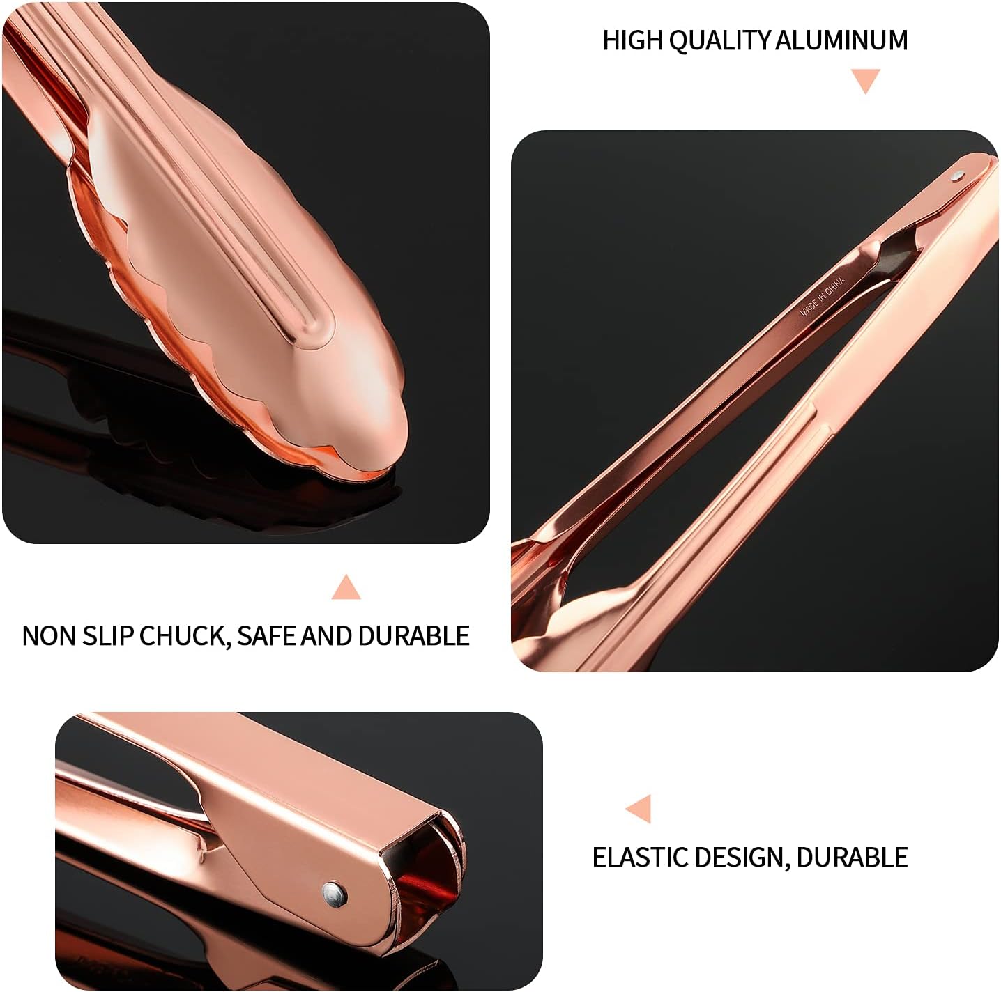 MSY BIGSUNNY 9 Inch Kitchen Food Tongs for Cooking and Serving Tongs- Aluminum - Set of 3 (pink gold)