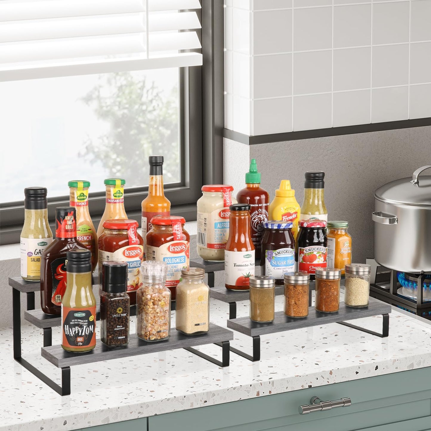 YINMIT Wooden Display Riser Stand, Tiered Perfume and Cologne Organizer Stand, 3 Tier Spice Rack Organizer, Rustic Display Shelf for Candles (3 Tier,2Pack,Grey)