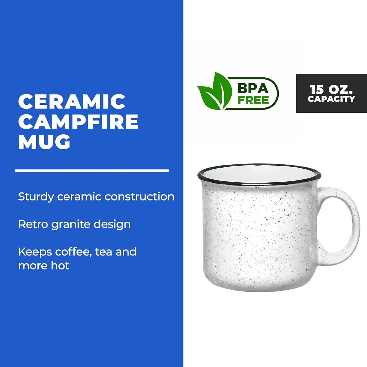 Set of 8 Ceramic Campfire Mugs – 15 Oz, White – Coffee & Tea Cups for Home, Work, Travel, Camping – Customizable, Great for DIY, Events, Companies