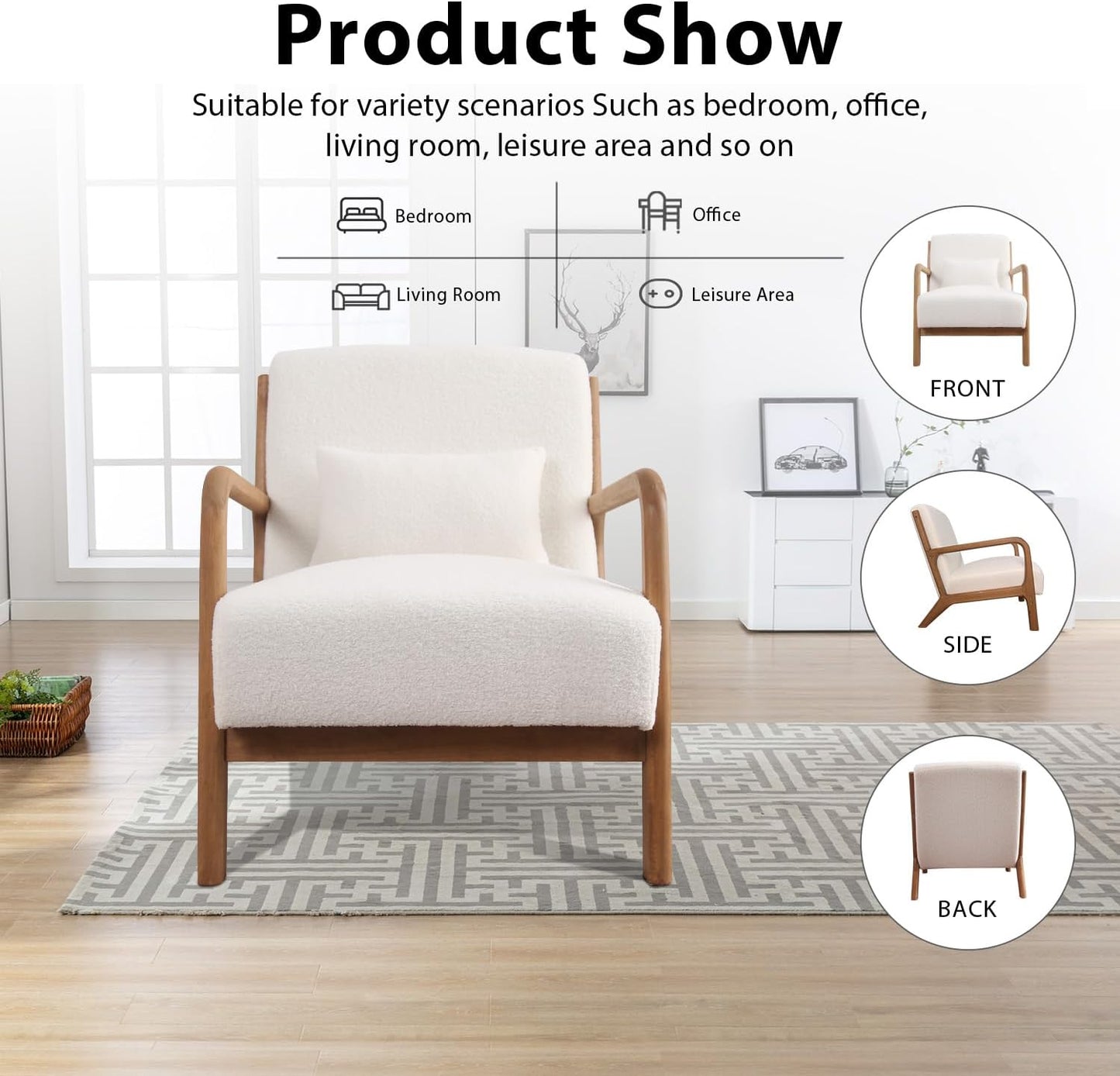 INZOY Mid Century Modern Accent Chair with Lamb Wool Fabric, Upholstered Living Room Chairs with Waist Cushion, Reading Armchair for Bedroom Sunroom, White