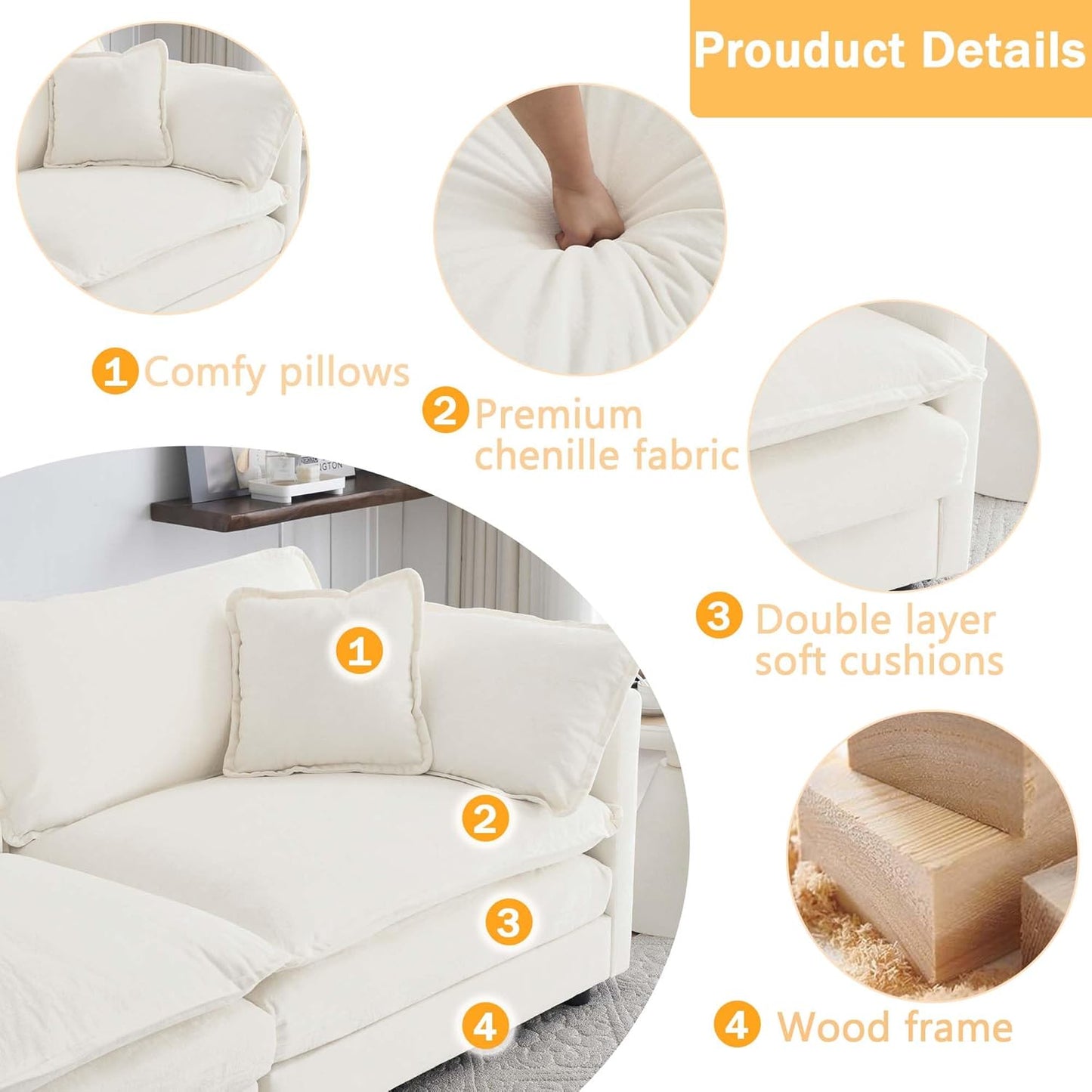 Sectional Sofa 3 Seater with Movable 1 Ottoman,Oversized Modular Couch Deep Seat (Beige, 111.5 inch-L)