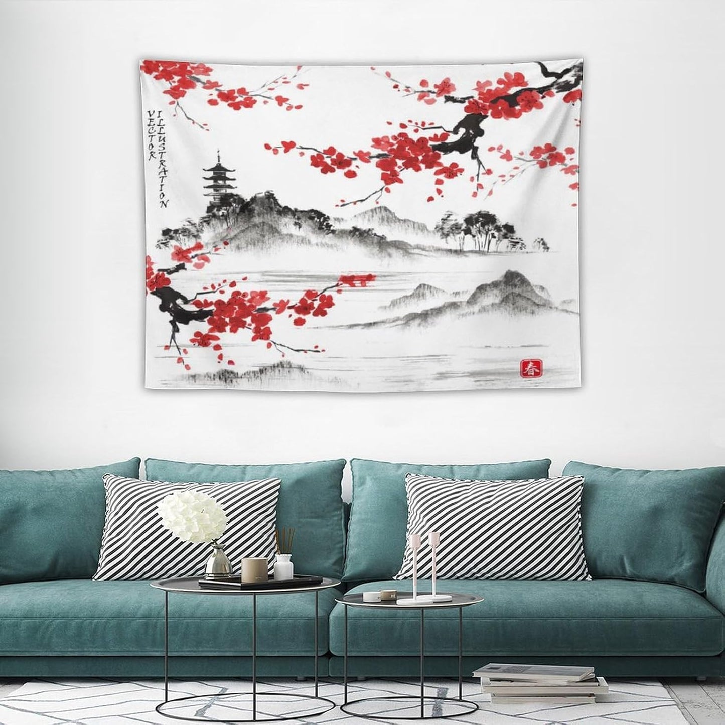 Cherry Blossoms Tapestry, Japanese Fuji Mountain Wall Tapestry, Nature Landscape Wall Art for Bedroom & Living Room Decor, 40"x30"