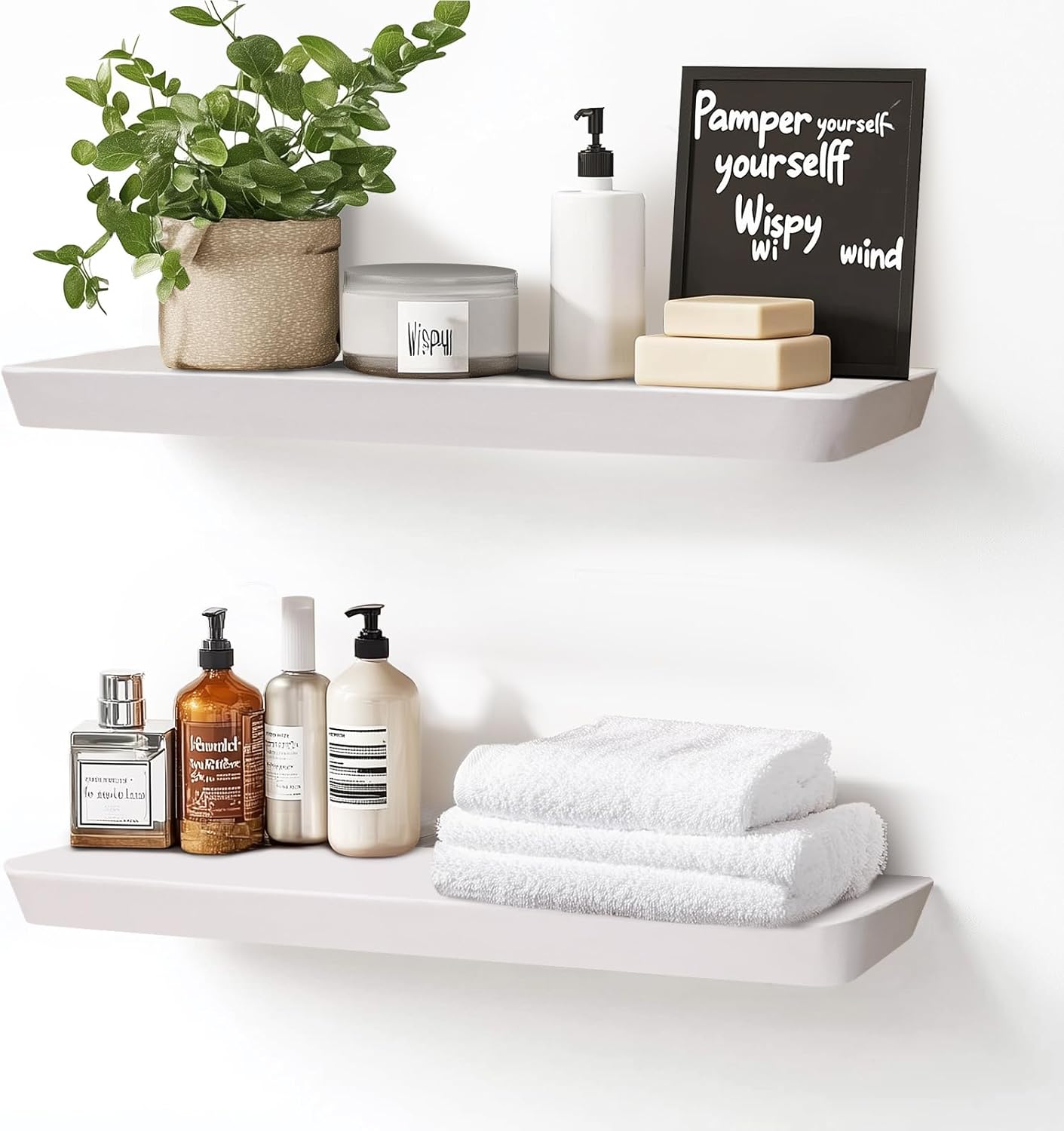 24"x6.8"x1.6" Slanted Floating Wall Shelves 2-Pack - Rustic White Finish, Heavy-Duty Solid Wood Design with Hidden Brackets - Perfect for Living Room, Kitchen, Bathroom, or Office