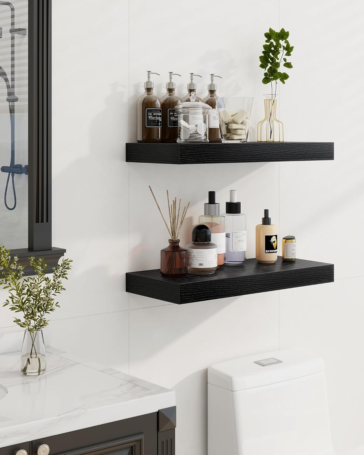 Marsmiles 36" Floating Shelves for Wall, Wooden Shelves with Invisible Brackets Set of 2, Rustic Farmhouse Wall Mounted Shelf for Kitchen Bathroom Living Room Study, Black