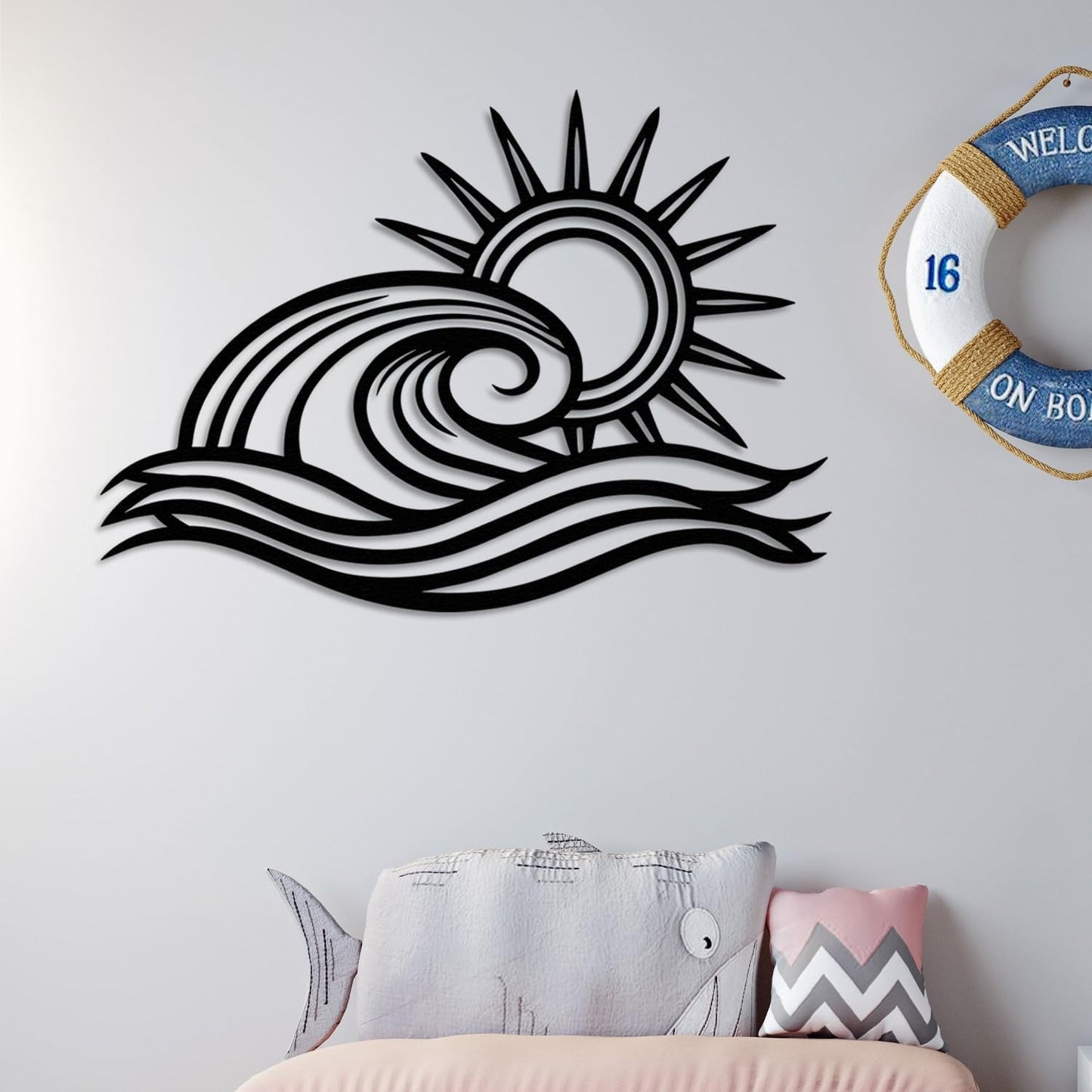 Wita Home Ocean Wave Metal Wall Art, Sun Beach Decor, Coastal Large Wall Sculpture for Home, Indoor/Outdoor Use, Nautical Wall Hanging, Eye-Catching Addition to Living Room (Red, 40 x 23 inches)