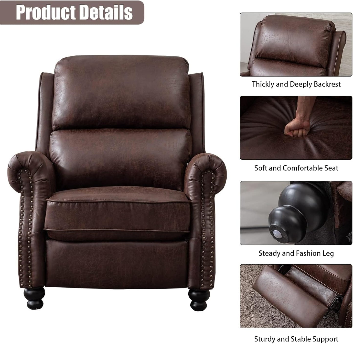 CANMOV Pushback Recliner Chair Faux Leather Armchair Push Back Recliner with Rivet Decoration Single Sofa Accent Chair for Living Room, Reddish Brown