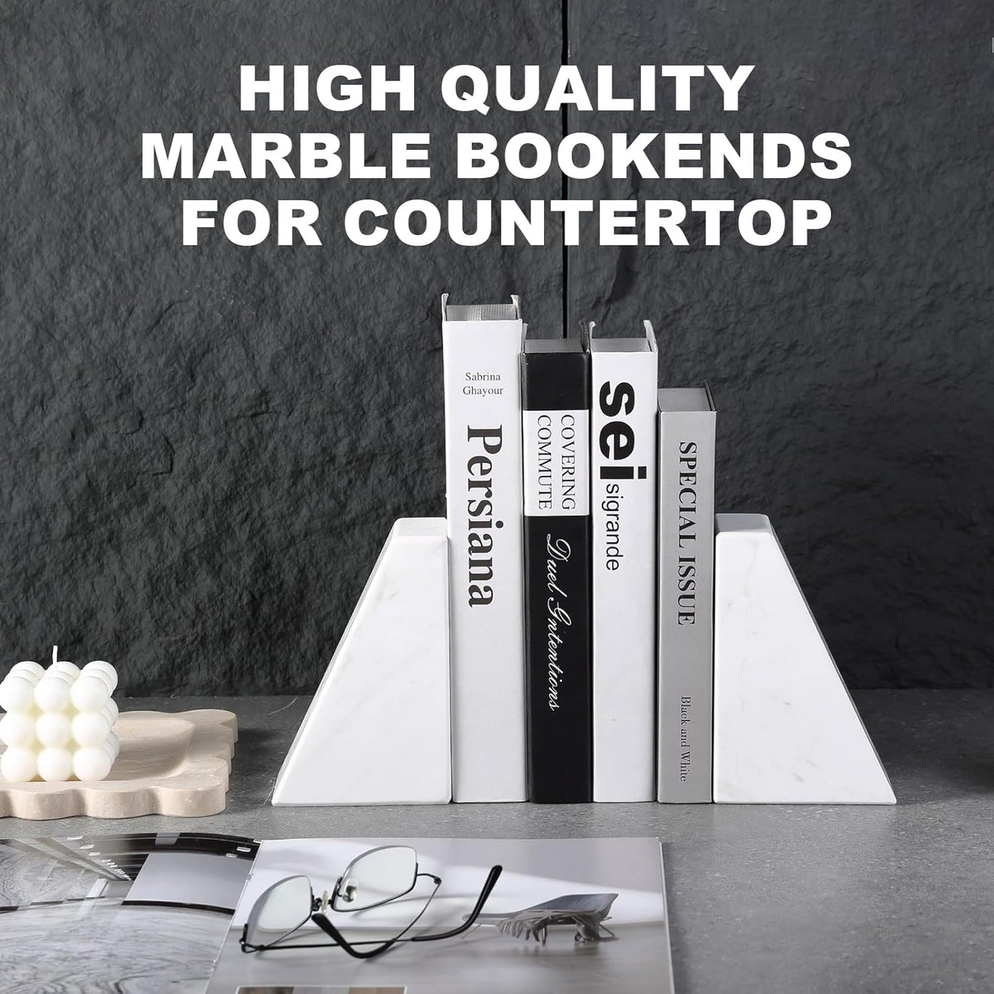 Marble Bookends for Heavy Books, Decorative Book Ends for Shelves, White Stone Durable and Heavy-Duty Book Ends for Hardback Books & CDS, Unique Book Stopper & Holder, Set of 2