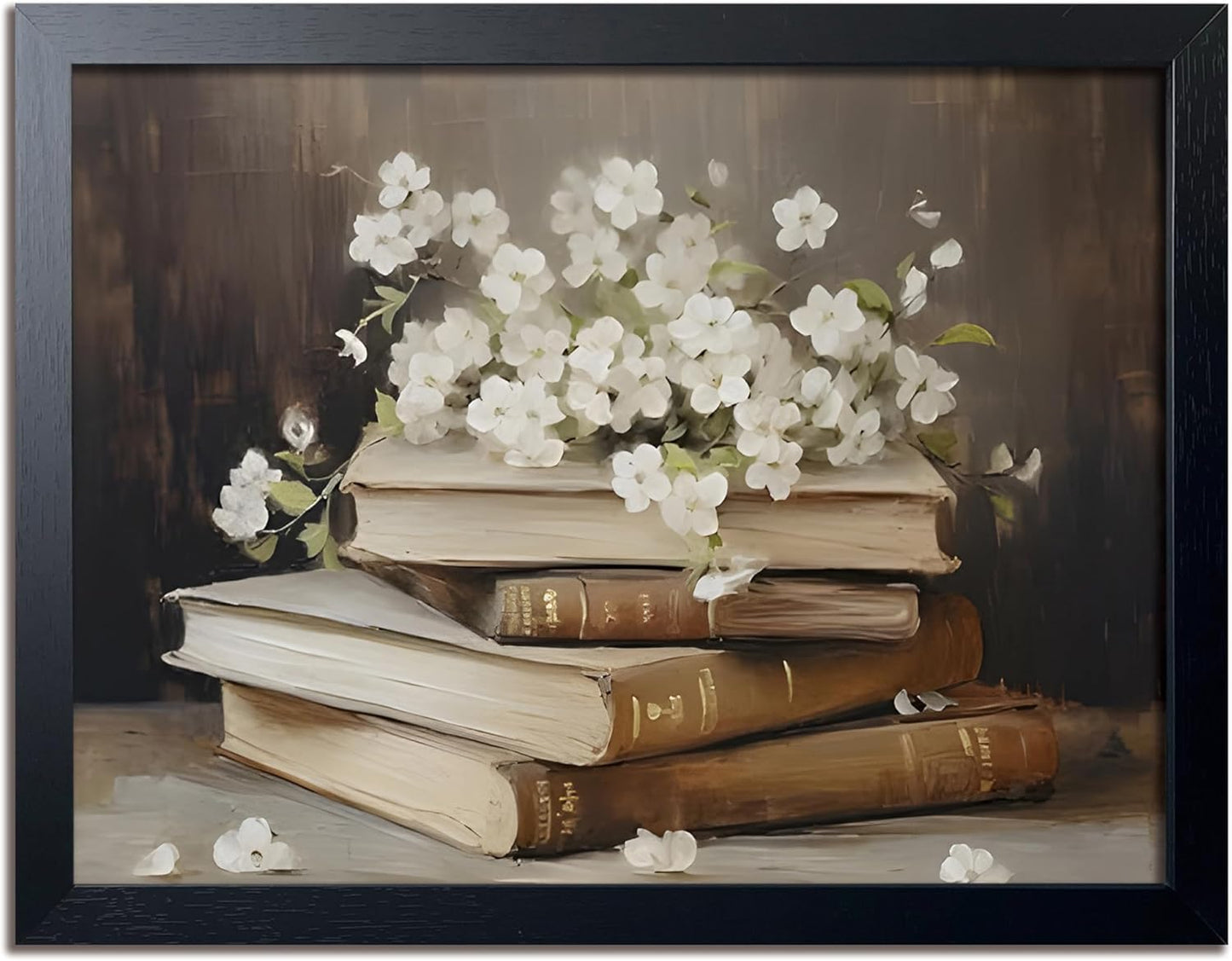 Wood Framed Canvas Poster Print Wall Art, Vintage Floral Book Wall Decor Oil Painting, Dark Academia Room Aesthetics Picture for Bathroom Classroom Dormitory room Decor 12x16 inch