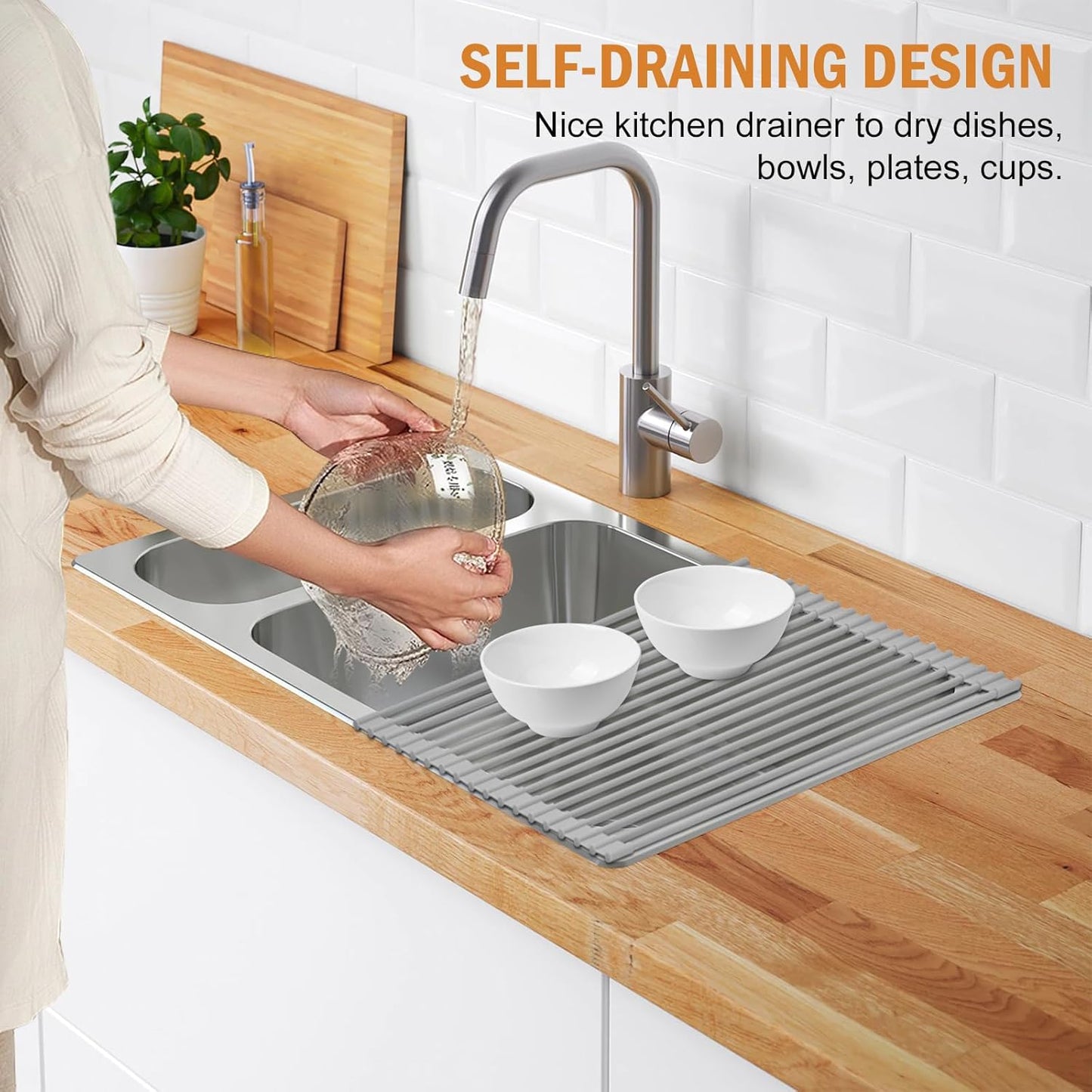 LEMIKKLE Roll Up Dish Drying Rack 17" x 13", Over The Sink Dish Drainer Rack, Foldable Sink Drying Rack, Anti-Slip Silicone Wrapped Dish Drainer for Kitchen Counter (Grey 17" x 13")