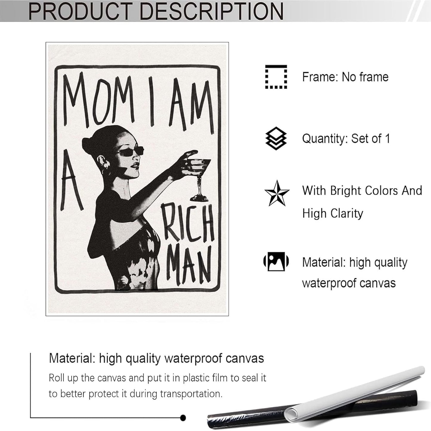 Liyark Mom I Am A Rich Man Aesthetic Retro Music Goblet Poster Feminist canvas Wall Art Vintage Bar Cart Wall Decor Preppy Dorm Decor Unique Wall Art prints painting 12x16in Unframed