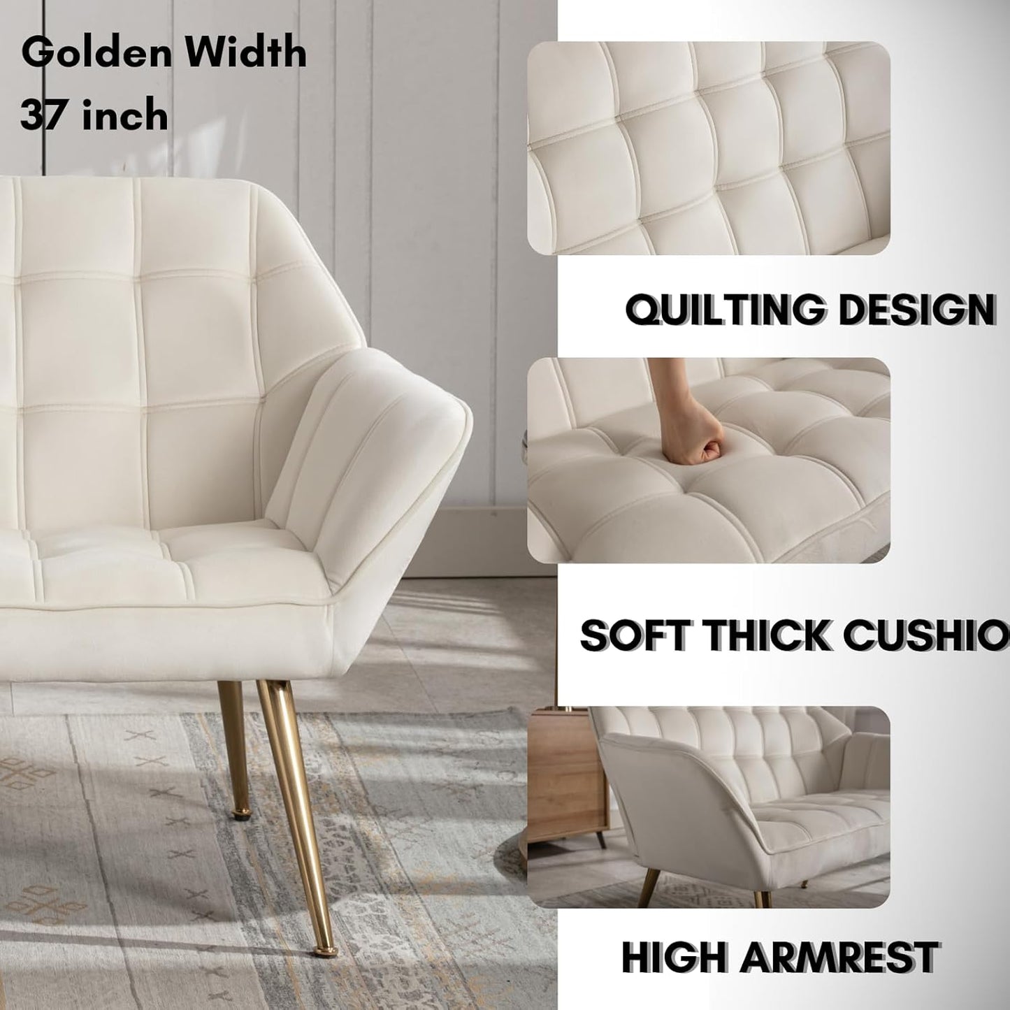 48”Small Loveseat Sofa, Modern Velvet Upholstered Mini Couch 2-Seater Fluffy Love Seat with Quilting Backs and Metal Legs for Small Space Living Room, Bedroom, Beige