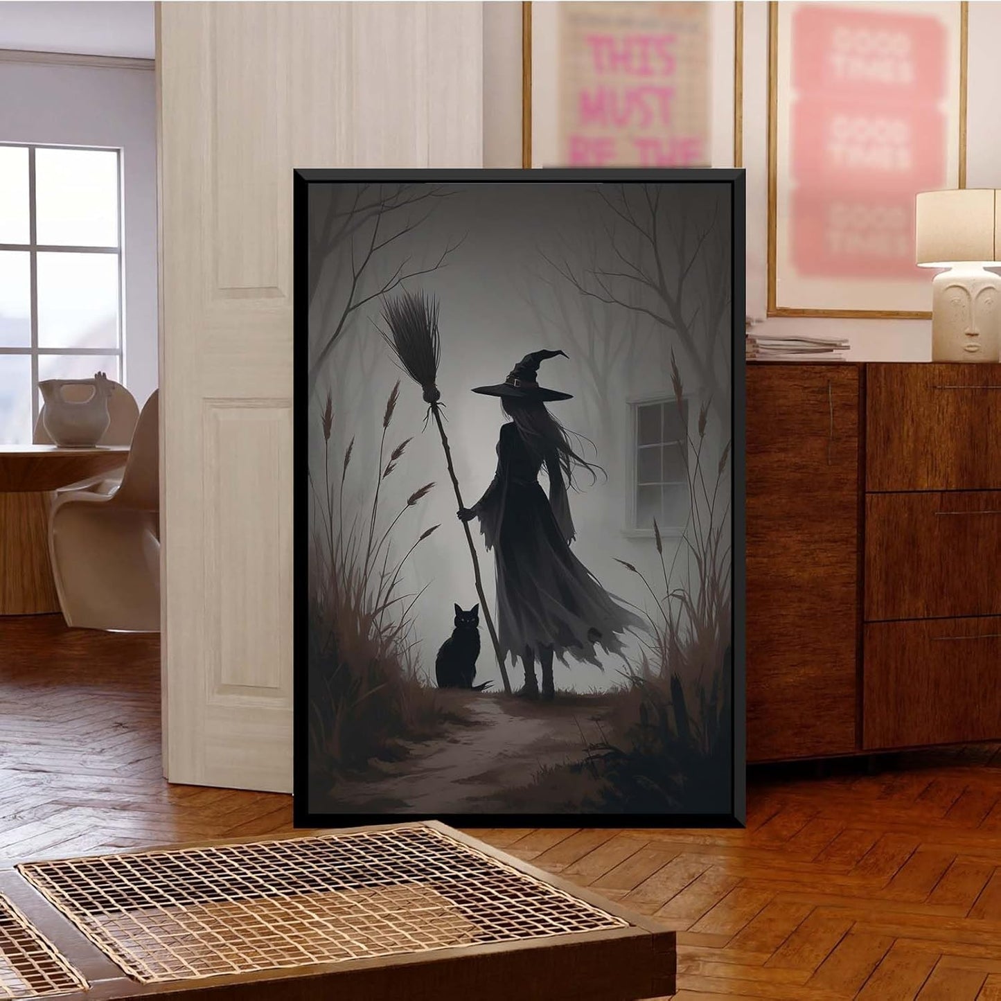 JFHCQJPK Vintage forest witch and black cat poster Halloween mural poster decoration mural art magic suitable for home living room bedroom8x12in Metal blackFramed