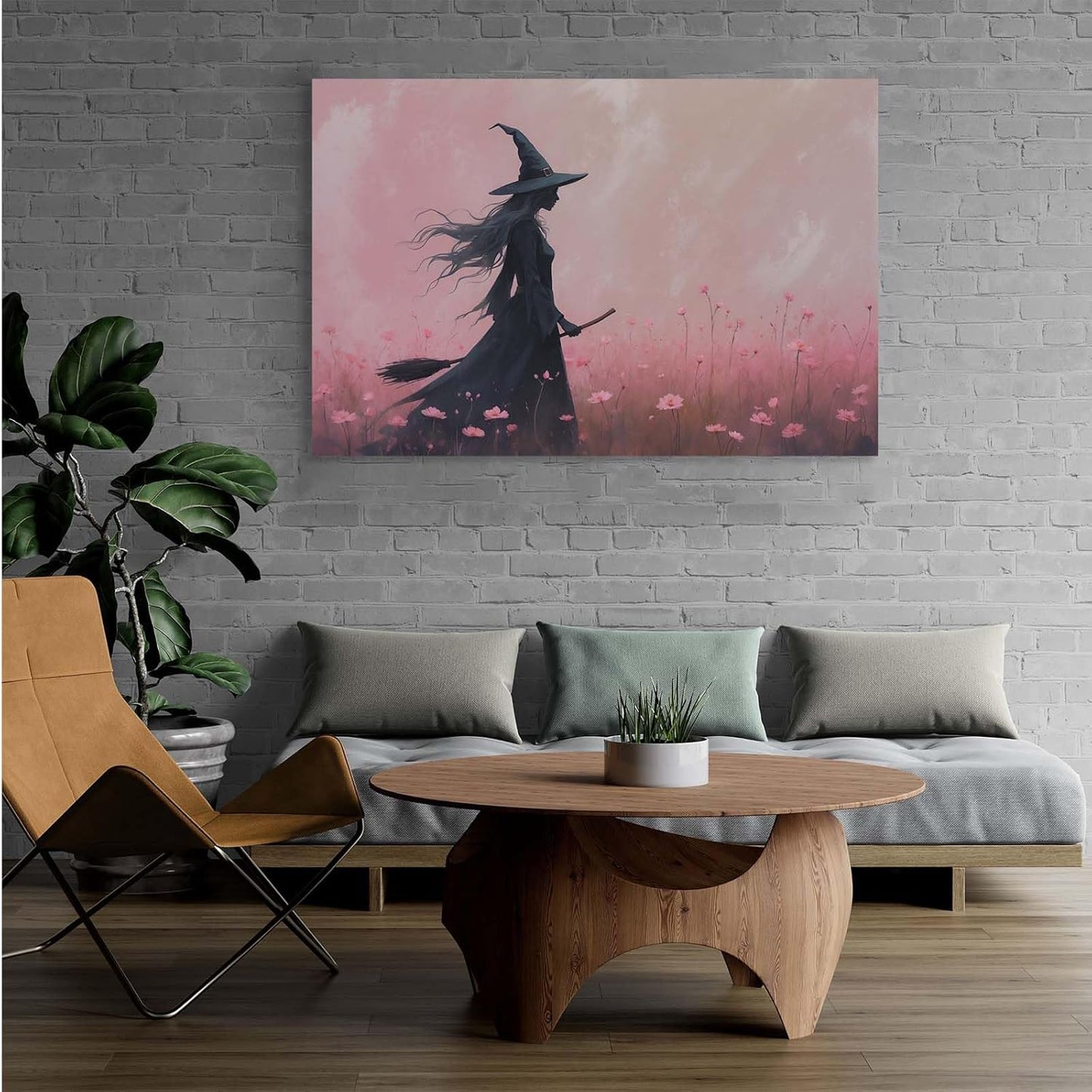 JFHCQJPK Witch in the pink sea of flowers Halloween prints weird flowers wall art silhouette painting fashionable romantic decoration suitable for bedroom24x36in Frameless