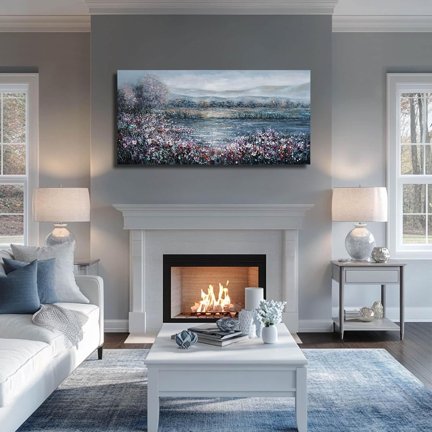 CHUDANHAO Abstract Wall Art for Bedroom White Wall Decor Purple Flower Artwork Landscape Wall Paintings 24"x48" Navy Blue Pictures for Walls