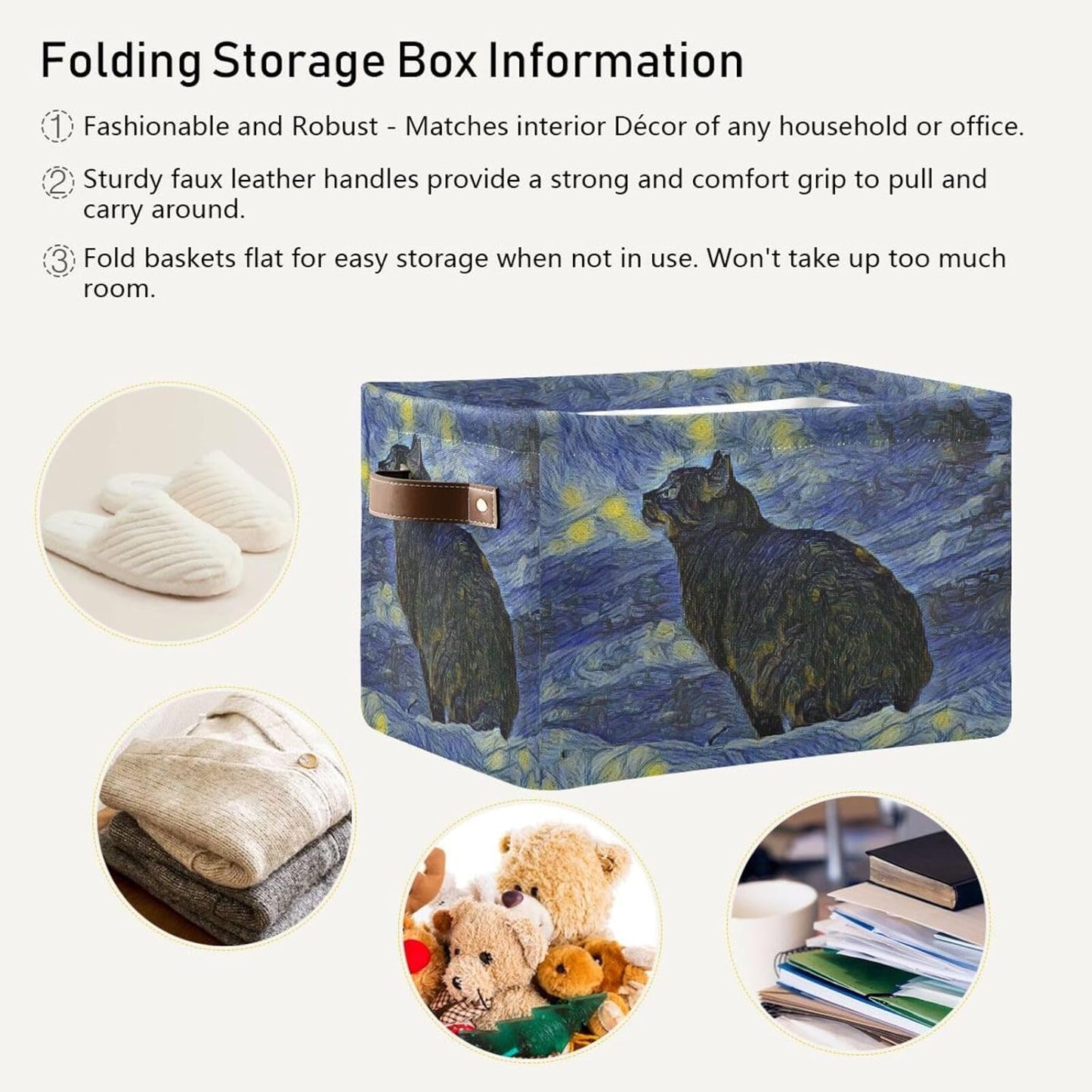 susiyo Storage Baskets for Shelves Organizer Baskets with Metal Frame Closet Storage Bins Fabric Bins Cubes with PU Handles for Organizing Shelf Nursery Toys 1 PACK,Black Cat