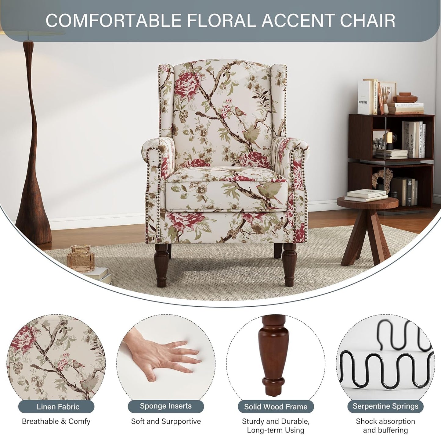 UIXE High Back Accent Chair, Fabric Upholstered Armchair for Living Room, Retro Wingback Arm Chair with Solid Wood Legs, Nailhead Trim Single Sofa Bedroom Reading Seat - Beige Floral