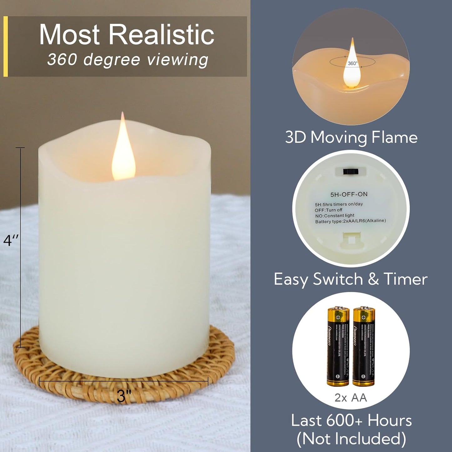 Flameless Candles Battery Operated with Timer, 3D Moving Flame Flickering, Last 600+ Hours Battery Candles, 3" x 4" Ivory Real Wax Electric LED Candle for Wedding Party Decorations