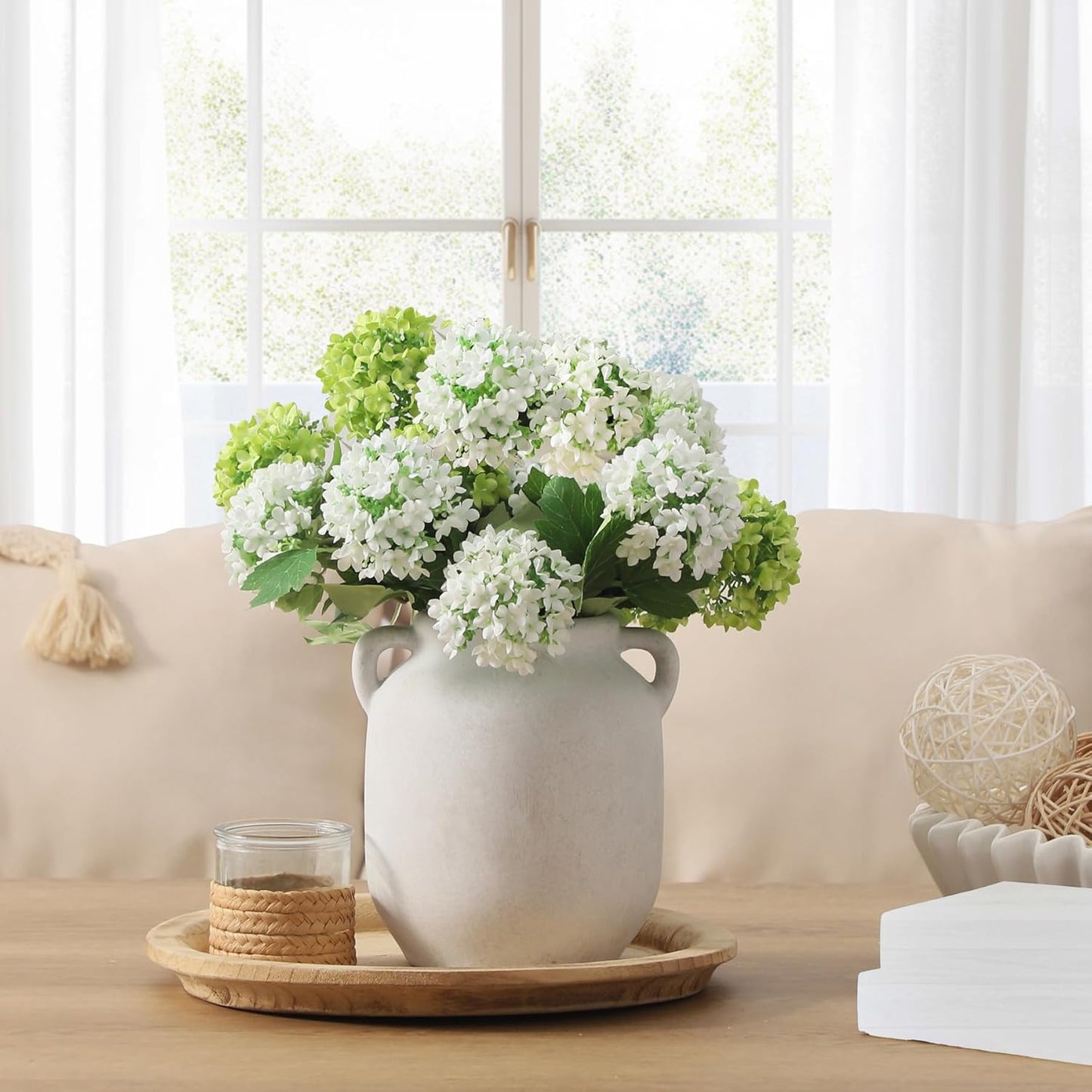 Ceramic Flower Vase Home Decor - 7.6 Inch Farmhouse Rustic White Table Vases with Handle Living Room Decoration Decorative Vintage Pottery for Kitchen Shelf Coffee Dining Desk Bookshelf Fireplace