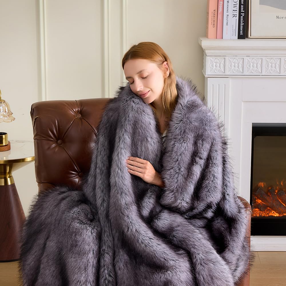 Fluffy Faux Fur Throw Blanket – Super Soft Warm Thick Plush Blanket for Bed, Couch & Office, Cozy Fuzzy Throw with Flannel Backing,108"x90", Grey