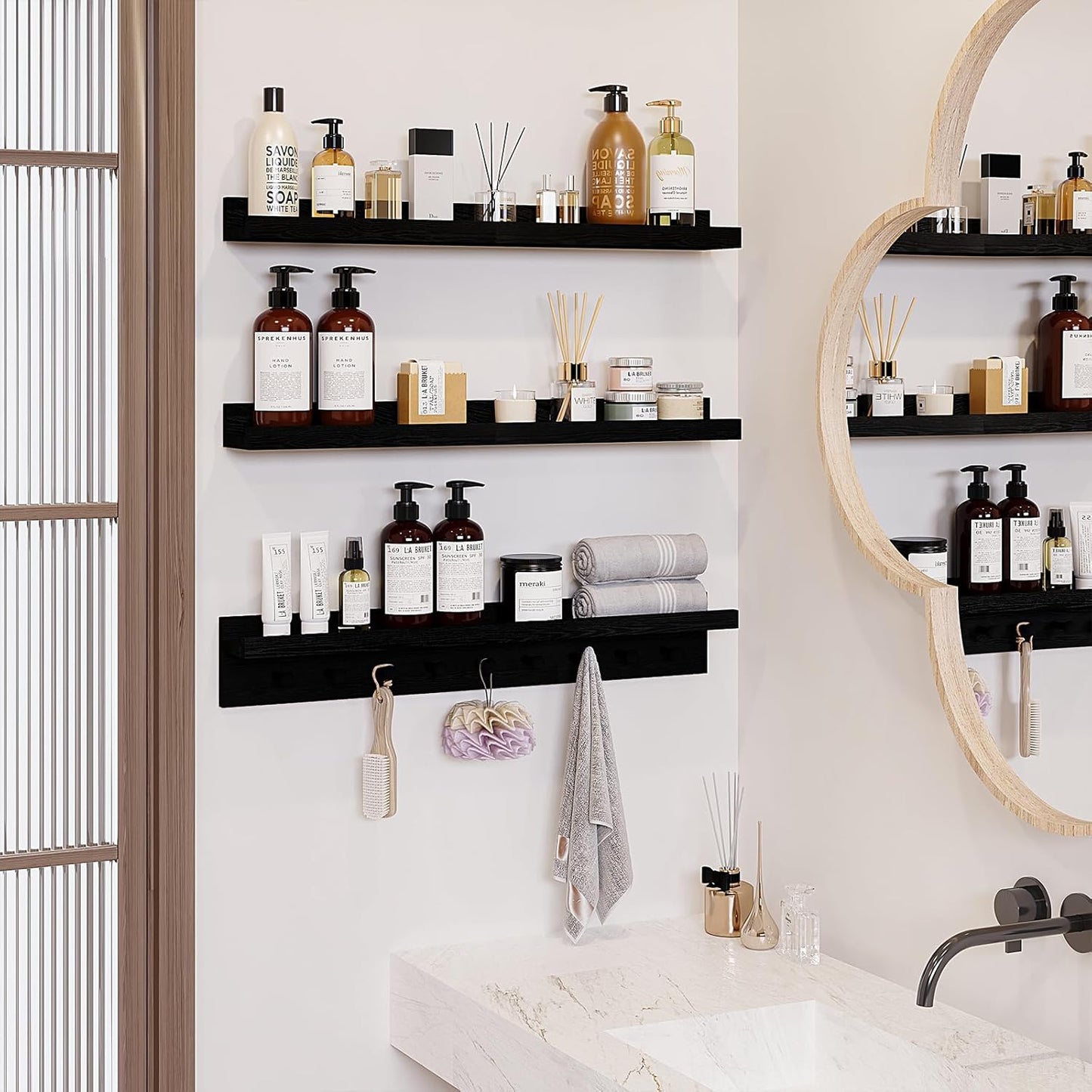 MBYD Floating Shelves for Wall, Nursery Floating Bookshelf for Kids Room, Black Wall Mount Book Shelves with Hooks for Living Room Bedroom Bathroom, 36 Inch Picture Ledge Kitchen Spice Rack Set of 3